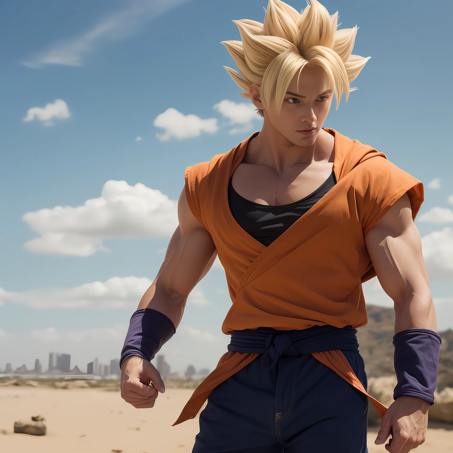 .Filho Goku,(((cabelos loiros))), (realista: 2.0), 1boy