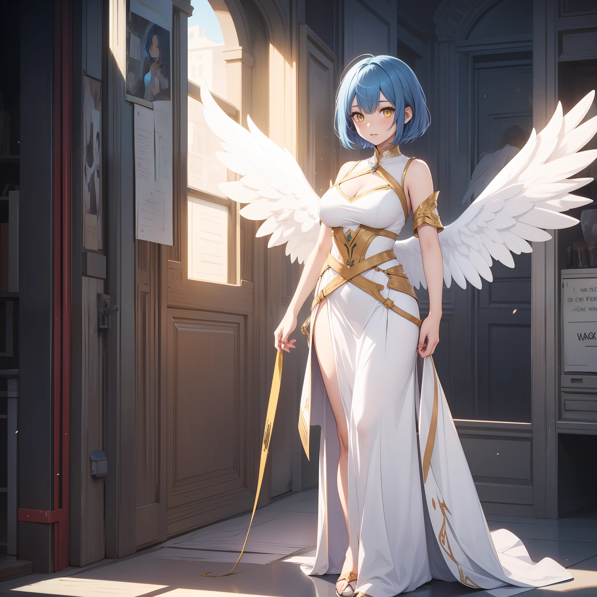 solo female, blue hair, short hair, yellow eyes, angel wins, white clothes, medium breasts, full body view