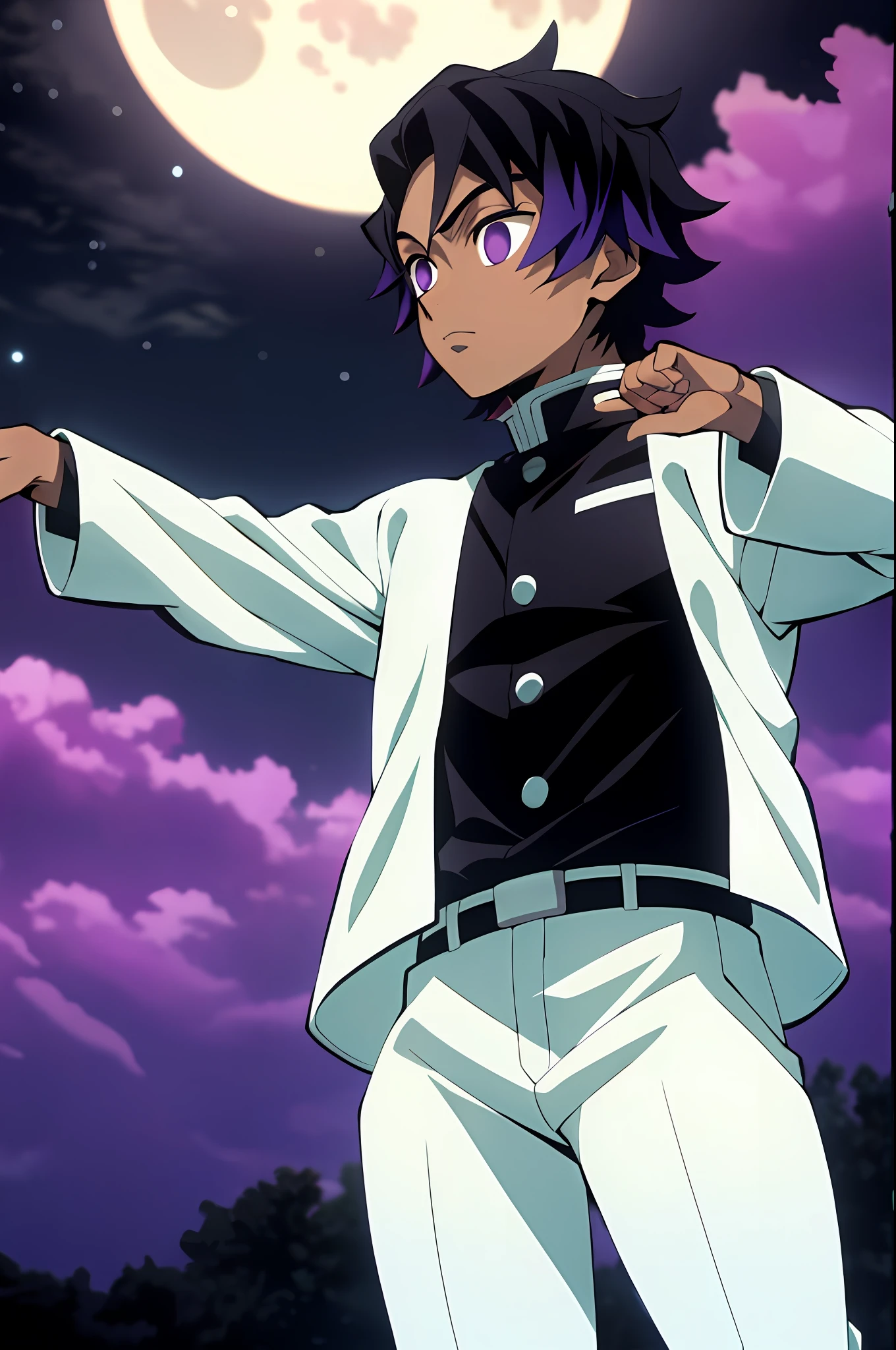 kimetsu no yaiba style, 1boy, demon slayer uniforme, solo, dark skin, purple eyes, black hair, purple hair, black cover, cover, outdoorse, night, moon, anime coloring, ((masterpiece)),