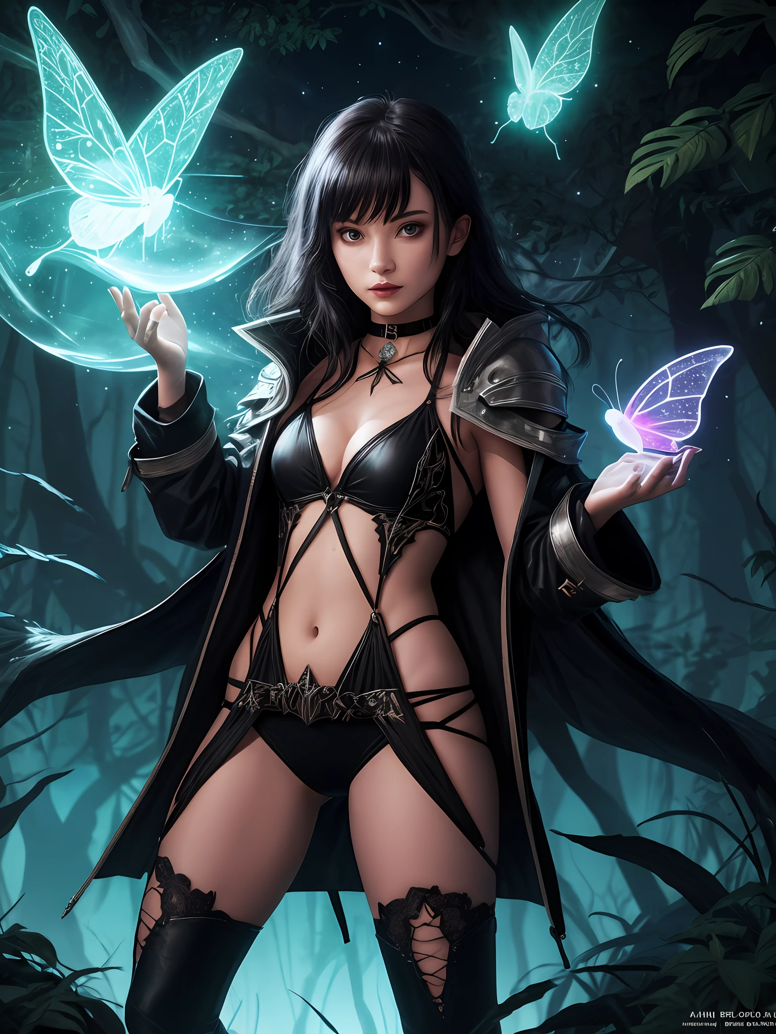 sexy full shot body photo of the most beautiful artwork in the world, illustration, cinematic light, fantasy, highest quality, ultra detailed,  best quality, masterpiece, (detailed face), sexy goth girl wears a bikini and (torn) fullbody (transparent galaxy) cloths coat, floating cloth, choker, glowing (elder underworld fantasy) forest plants with neon details, open shoulders, tiny glowing butterfly, (focus on body:1.25), night, small mutated animals in background, torn mini skirt ,a potion on hip, shoulder pads emitting magic energy, cameltoe, dark, light reflection