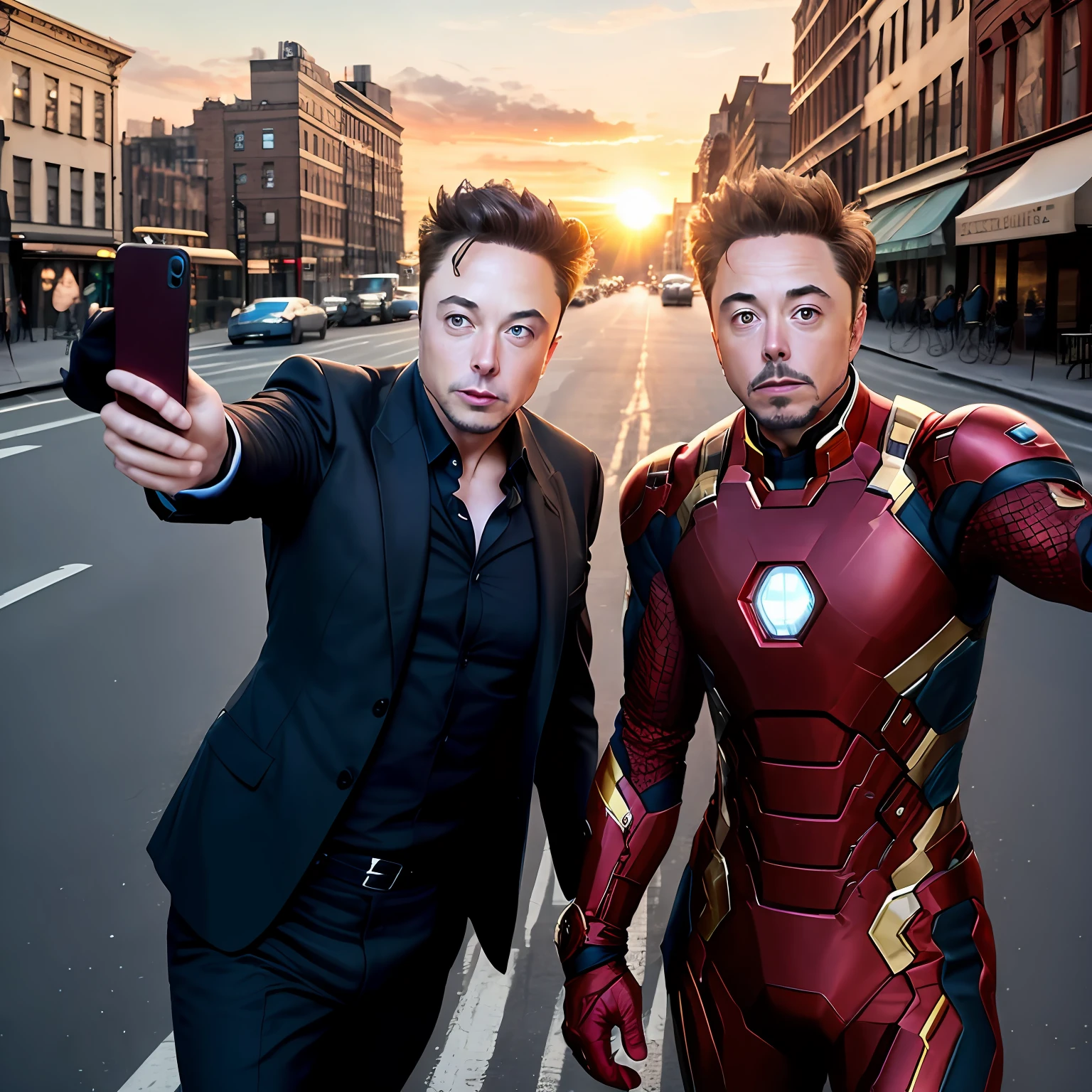 ((2 men)),selfie photo of elon musk with Robert Downey Jr in Soho New York, wearing Giorgio Armani suit, sunset,4k. --auto