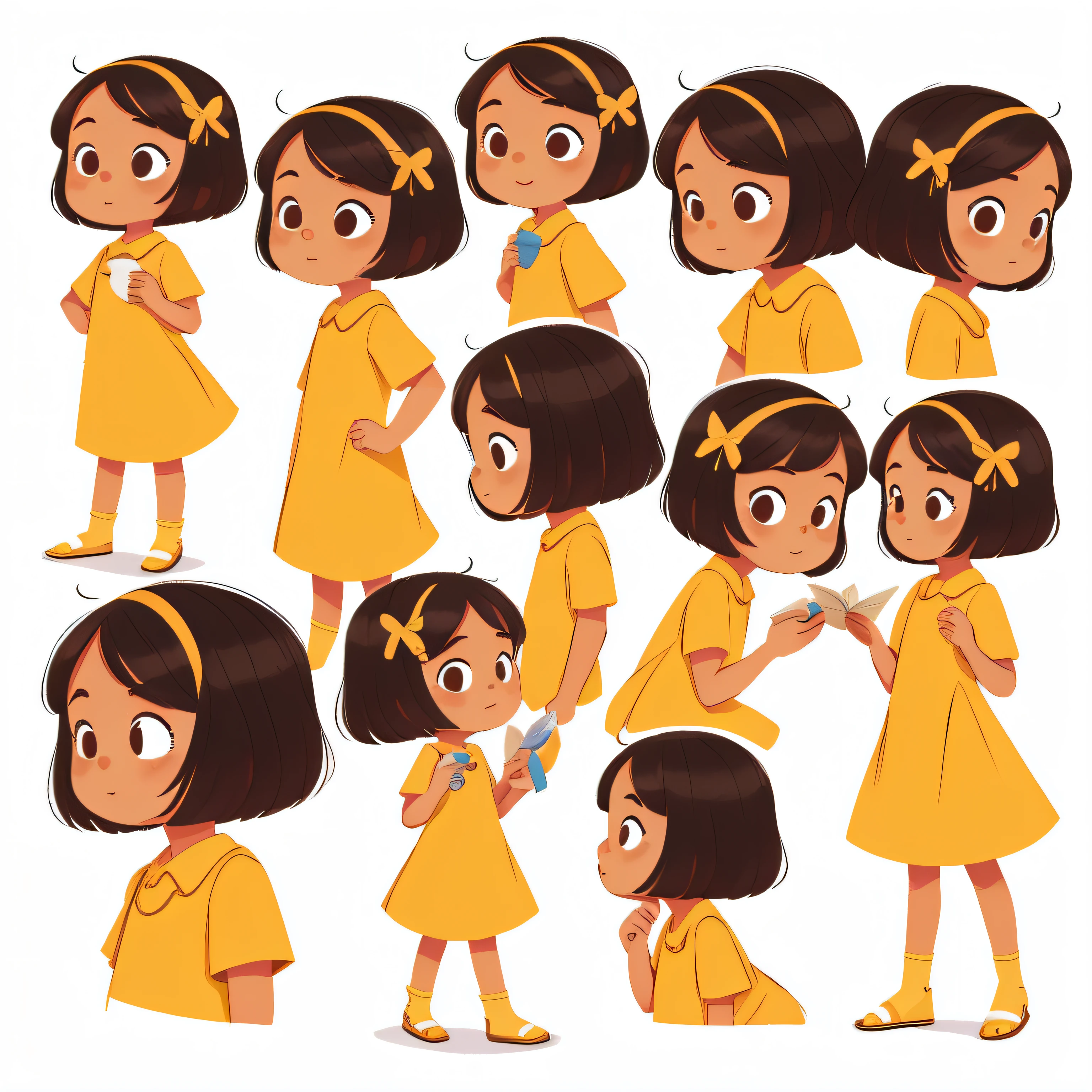 Personagem da , estilo dos desenhos animados, Estilo kawaii, cabelo encaracolado preto, multiple poses and expressions, children's books illustration style, simples, cores claras, vestido amarelo, sapatos azuis escuros, no outline, (Masterpiece, alta qualidade, 8k) (corpo inteiro) (mesma frente de caractere, Voltar, Side view) (folha modelo) (multiple views of the same character) . 8k, (Foto RAW, melhor qualidade), olhos e rosto extremamente detalhados, anatomia perfeita, um rosto extremamente delicado e bonito, belos olhos castanhos detalhados, um rosto extremamente delicado e bonito, cabelo curto estilo bob ruivo, vestido amarelo desenhado.