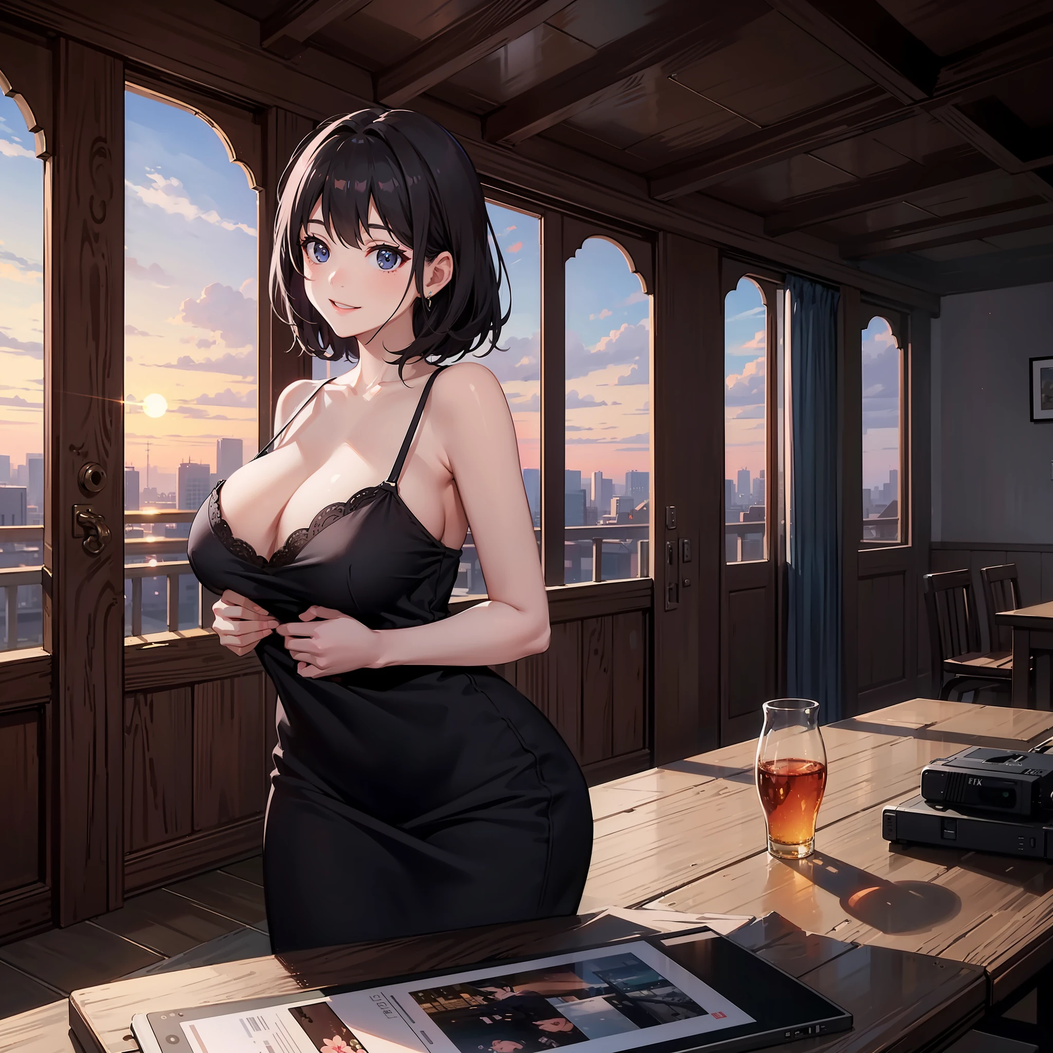 Urban adult woman、ultra ultra Super huge breasts、half-body、XF IQ4、150MP、50 mm、ISO 1000、1/250 seconds、nature light、adobe lightroom、photolab、Affinity Photos、Photo Director 365,Magnificent Sunrise、smile、