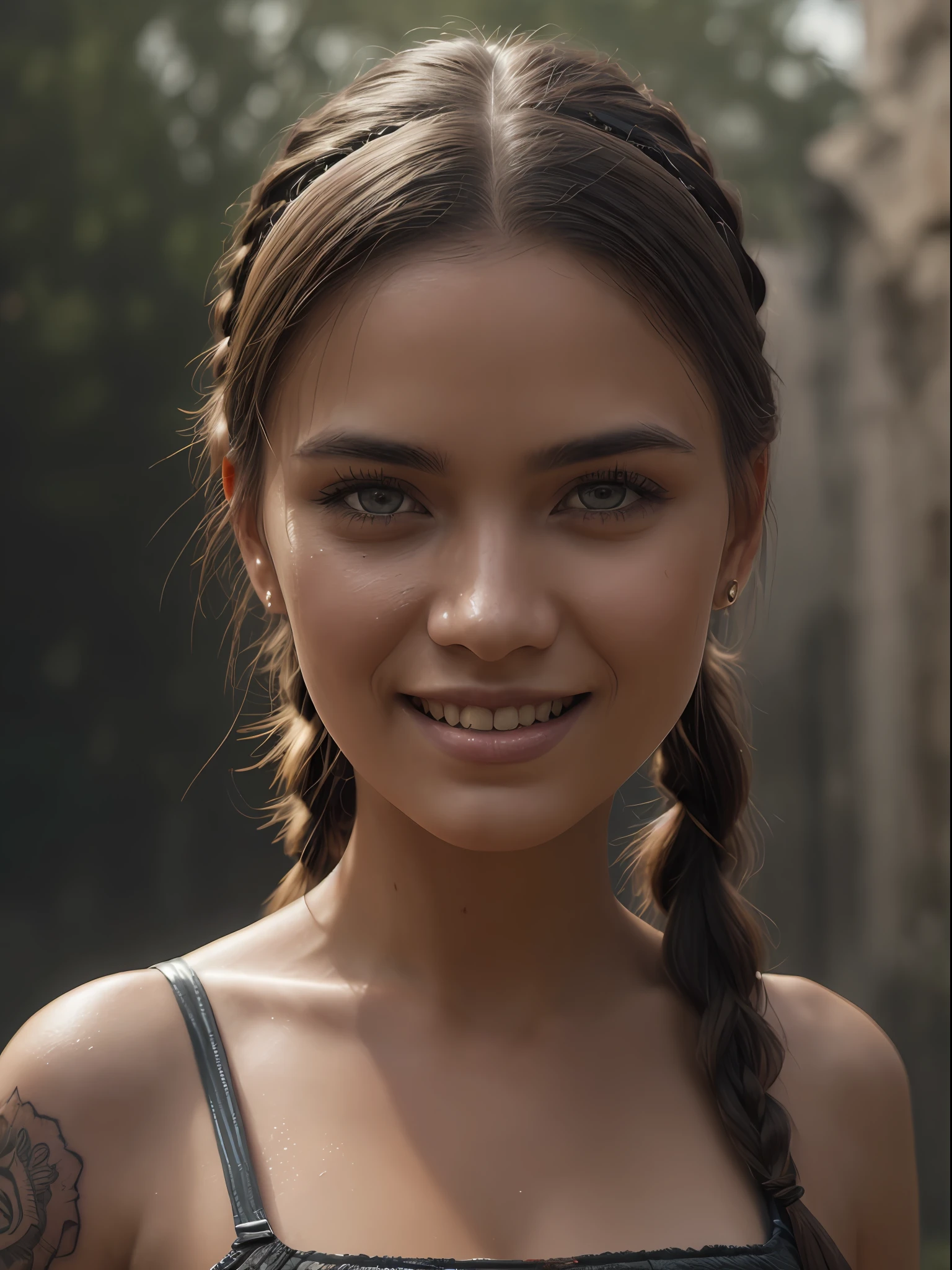 a portrait photo, native, indigenous, tribal, natural skin texture, 24mm, 4k textures, dirty skin, soft cinematic light, adobe lightroom, photolab, smiling, bandana, rain detailed, braided detailed pigtails, tattoos, masterpiece, (beautiful light brown eyes detailed: 1.1), best quality, illustration, (detailed lighting: 1.2), (beautiful detailed brightness: 1.3), white bathing suits, deep neckline, intricate, digital painting, smooth and sharp focus, End of the World, Epic Realistic, (HDR:1.4), (Muted Colors:1.4), Neutral Colors, Night, Refractions of Screen Space, (Intricate Details, Hyperdetailed:1.3), Cinematic Photo, Vignette, Medieval Castle Background, Dark Colors, Vampire Hunter