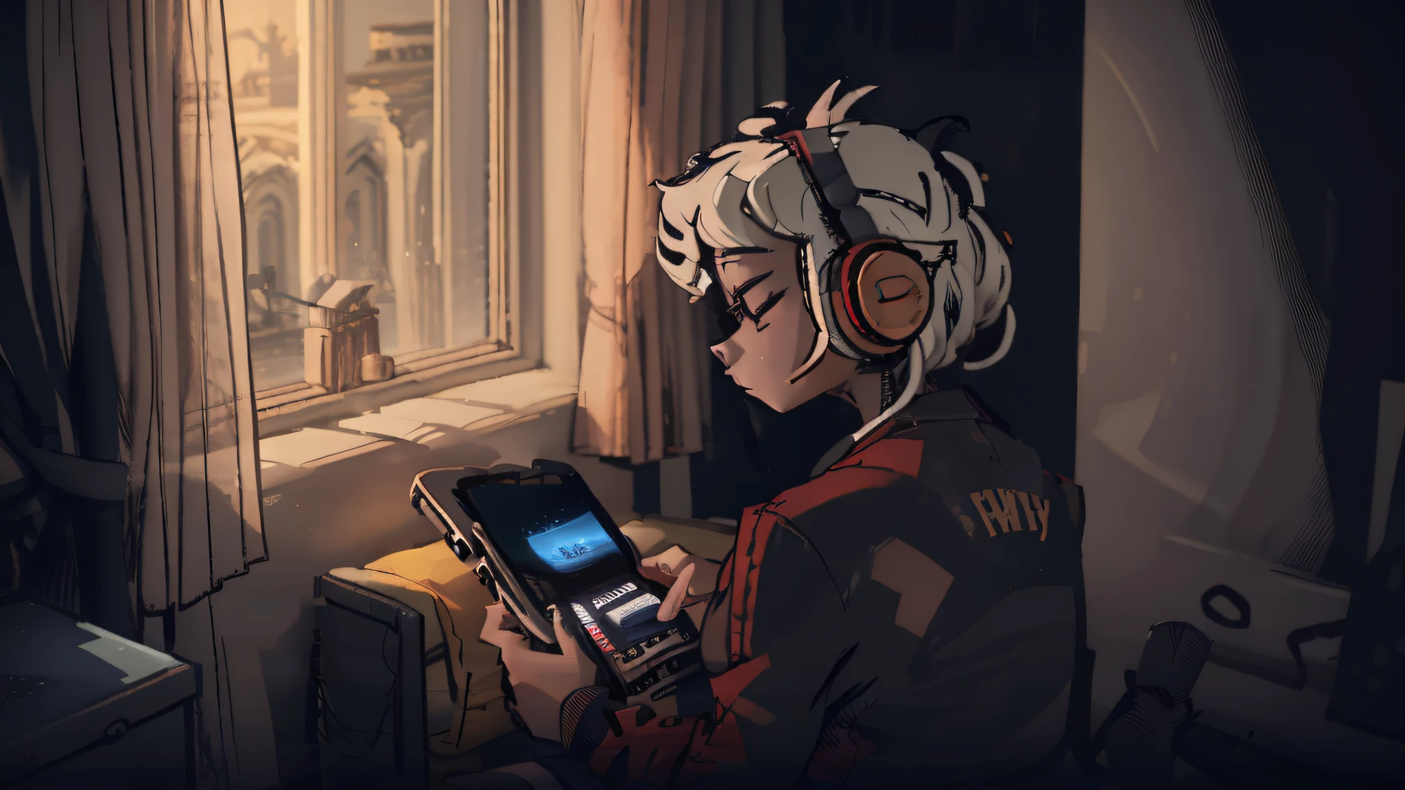 arafed girl with headphones sitting on a couch in a room,  usando fones de ouvido, listening to music, listening to godly music, Fones de ouvido ligados, retrato de alta qualidade, vibing to music, Usando fones de ouvido, com fones de ouvido, capa de revista, cenario de Lofi, Shutterstock, listening to music at 2 am, Foto retrato suave 8 k, music being played
