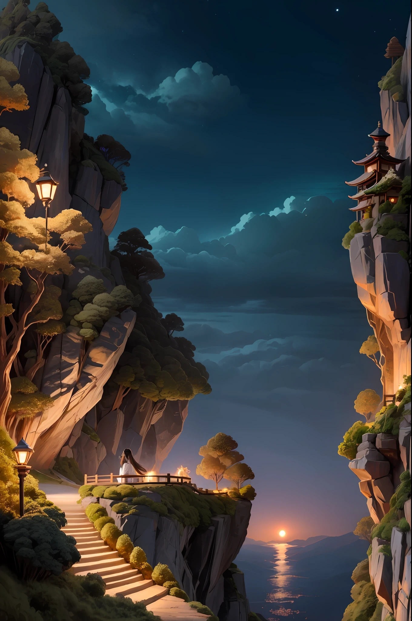 Masterpiece, Wonderful, 1Girl, Hu Tao (Genshin Impact), at night, sitting on a cliff