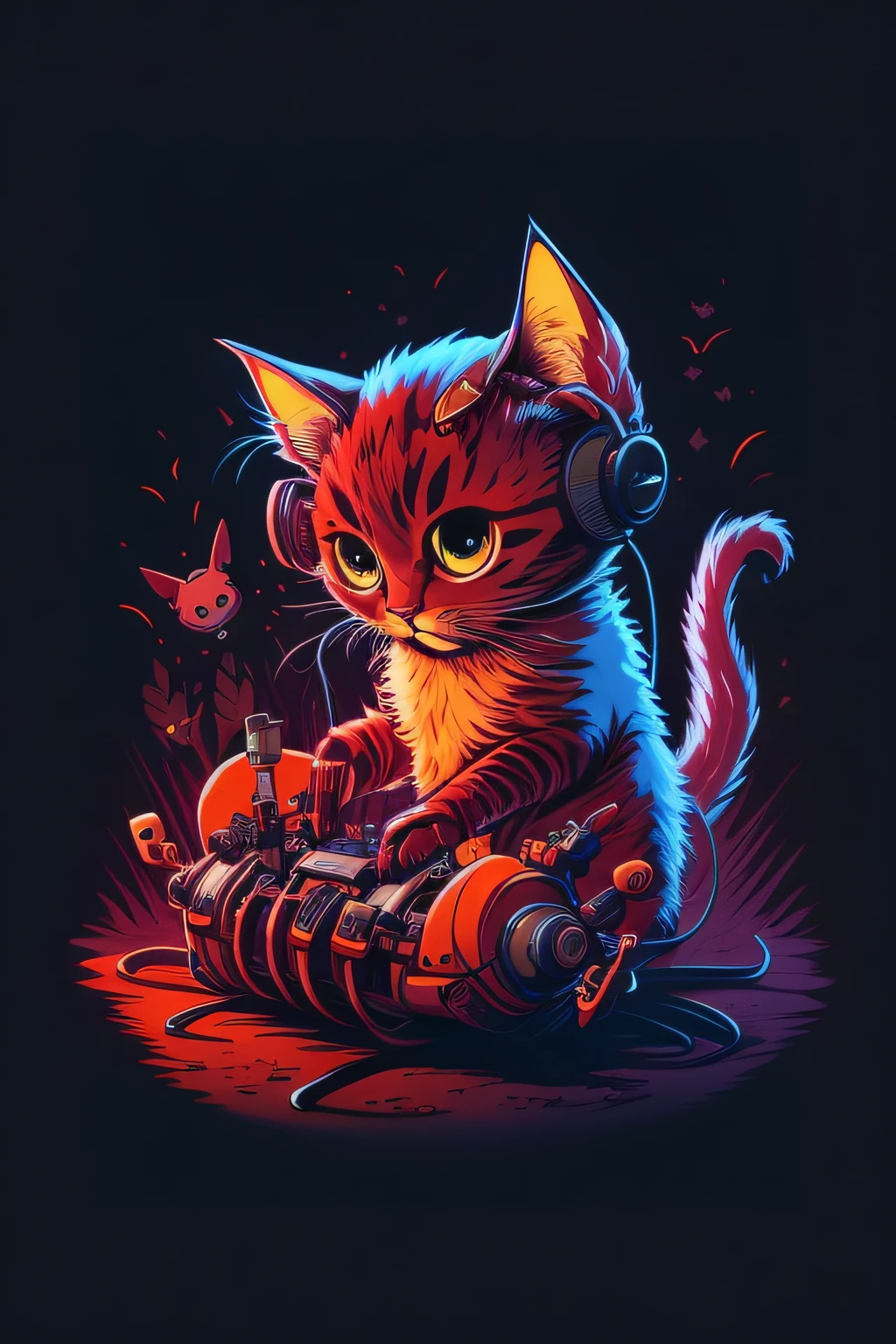 Un primer plano de un gato con auriculares sentado en una patineta, Gatito cyborg, Gato cyberpunk, Gato cyborg, Lindo arte digital detallado, Cybercat, cat from the void, cat design, in the art style of dan mumford, Beeple y Jeremiah Ketner, Lindo arte digital, inspirado por Cyril Rolando, Un gato cyborg, En el estilo Dan Mumford Artwork