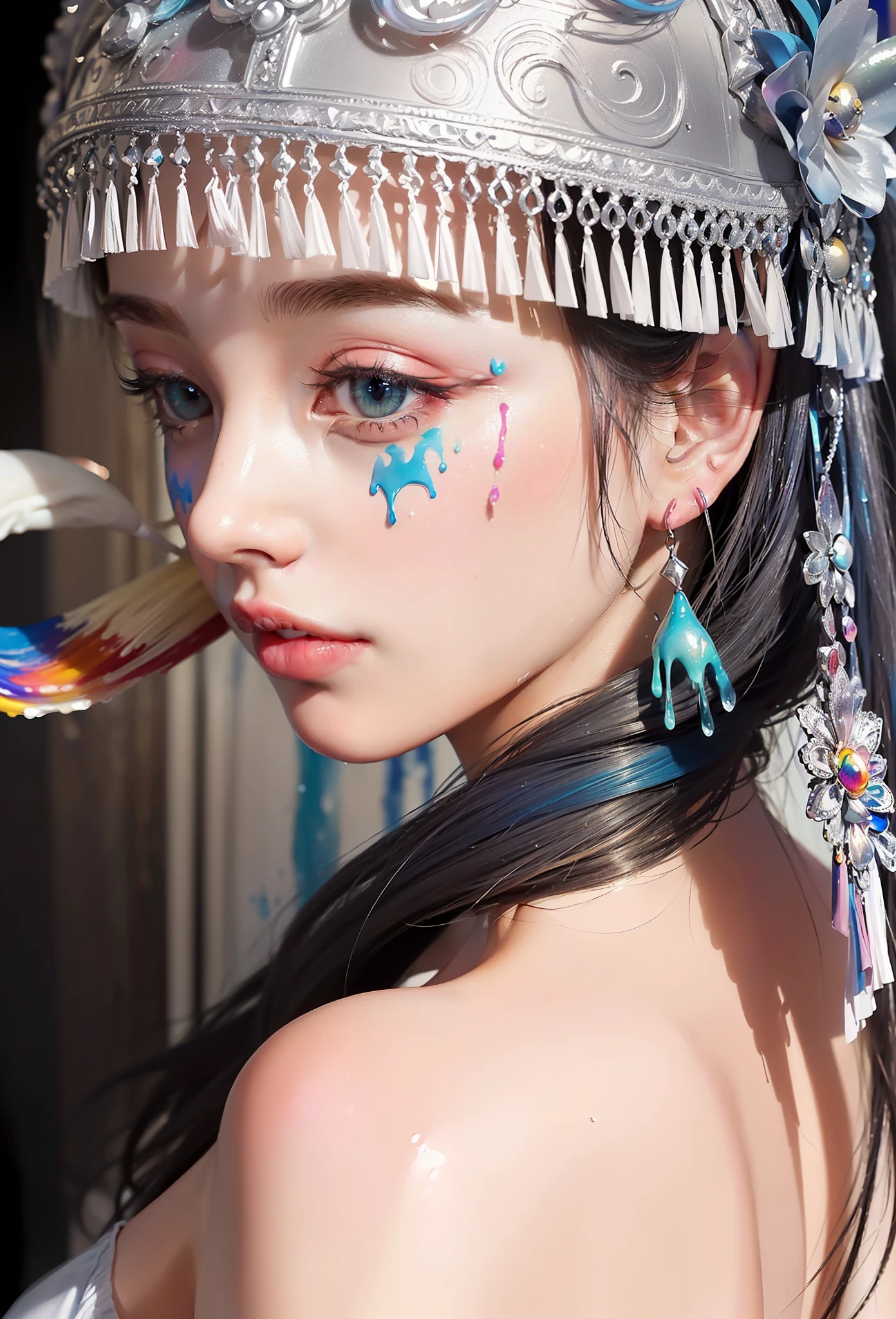 （Pink Fashion T-shirt：1.9），(Colorful hair: 1.8), (all the colours of the rainbow: 1.8),(((((vertical painting：1.6))), （painting：1.6），front, comics, illustrations, paintings, large eyes, crystal clear eyes,（ rainbow color gradient high ponytail：1.7）, exquisite makeup, closed mouth,(Small Fresh: 1.5),(Wipe Chest: 1.6) ，long eyelashes, white off shoulder T-shirt, White Shoulder Shirt，looking at the audience, large watery eyes, (rainbow colored hair：1.6), color splash, （solo：1.8）, color splash, color explosion, thick paint style, messy lines, ((shining))，(colorful), (colorful), (colorful), colorful, Thick Paint Style, (Splash) (Color Splash), Vertical Painting, Upper Body, Paint Splash, Acrylic Pigment, Gradient, Paint, Highest Image Quality, Highest Quality, Masterpiece, Solo, Depth of Field, Face Paint, colorful clothes, (Elegant: 1.2), gorgeous,long hair, wind, (Elegant: 1.3), (Petals: 1.4)，(((masterpiece))),(((best quality))),((ultra-detailed)),(illustration),(dynamic angle),((floating)),(paint),((disheveled hair)),(solo),(1girl) , (((detailed anima face))),((beautiful detailed face)),collar,bare shoulders,white hair, ((colorful hair)),((streaked hair)),beautiful detailed eyes,(Gradient color eyes),(((colorful eyes))),(((colorful background))),(((high saturation))),(((surrounded by colorful splashes))),