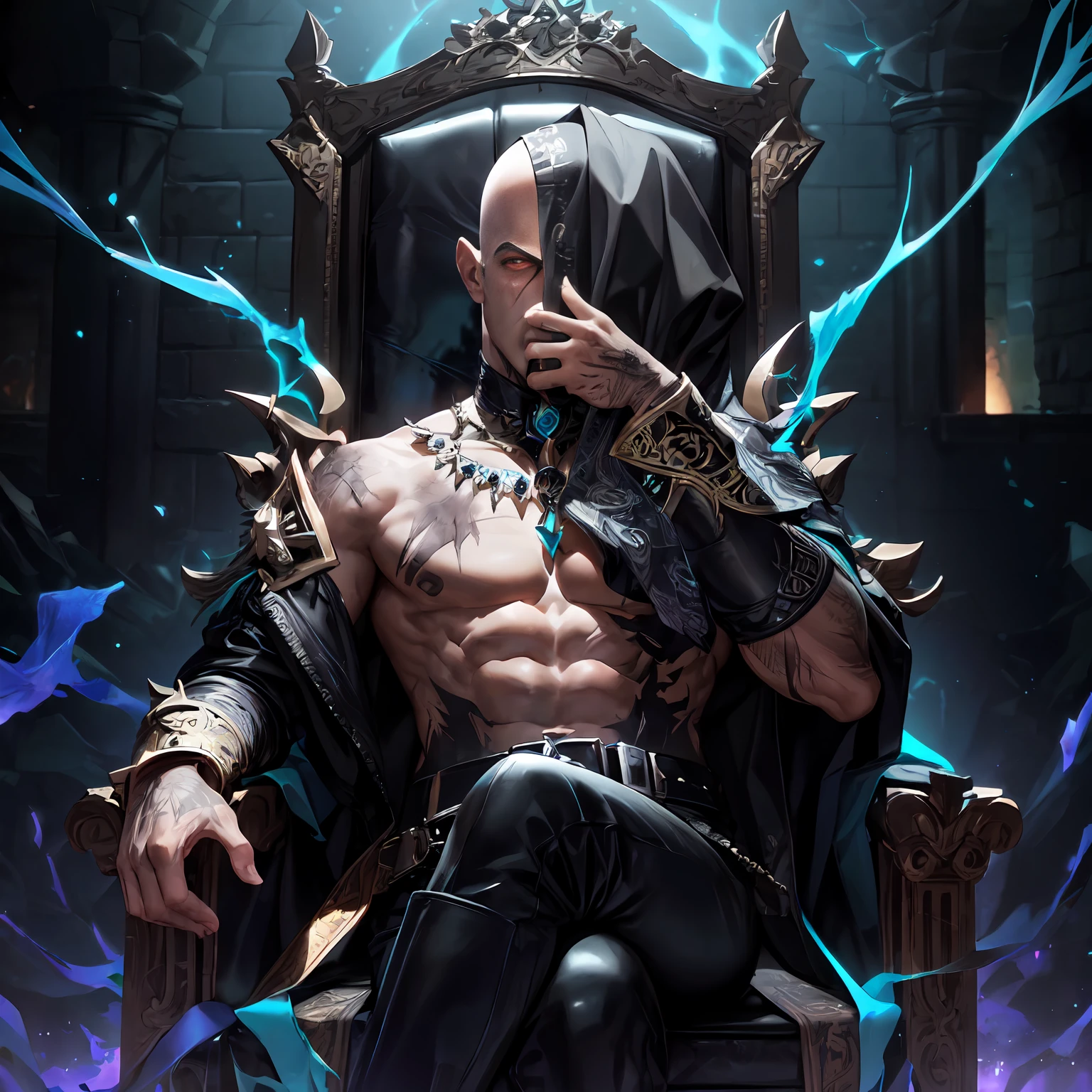 (best quality, masterpiece, extremely detailed, high resolution, 4k, CG, UHD), (dark fantasy), ((1male)), full shot, lord of corruption, bald head:1.2, old men with whole body covered in corruption tattoo, male wearing only black leather pants, topless, sitting on throne with bored expression and casting spell with 1hand, ((half face covered by burn scars)), inside dark gothic castle, castle placed in hell, tael glowing cracks, teal energy magic swirling around, depth of field, volumetric lighting, dark scene, detailed face, detailed eyes, detailed skin,