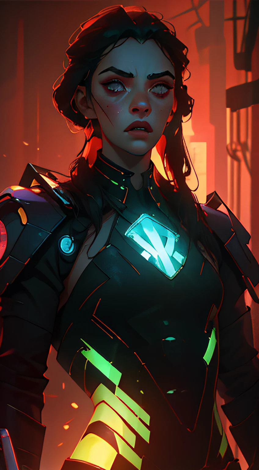 Striped hair, silver, long hair, aqua eyes, glowing eyes, breastplate, cyberpunk, film grain, stereogram, tachi-e, masterpiece, textured skin, detailed face, fluorescent translucent clothes, muscular body, military, textured skin, glowing eyes, bright light, daybreak, cyberpunk background, fullbody shot, dynamic pose