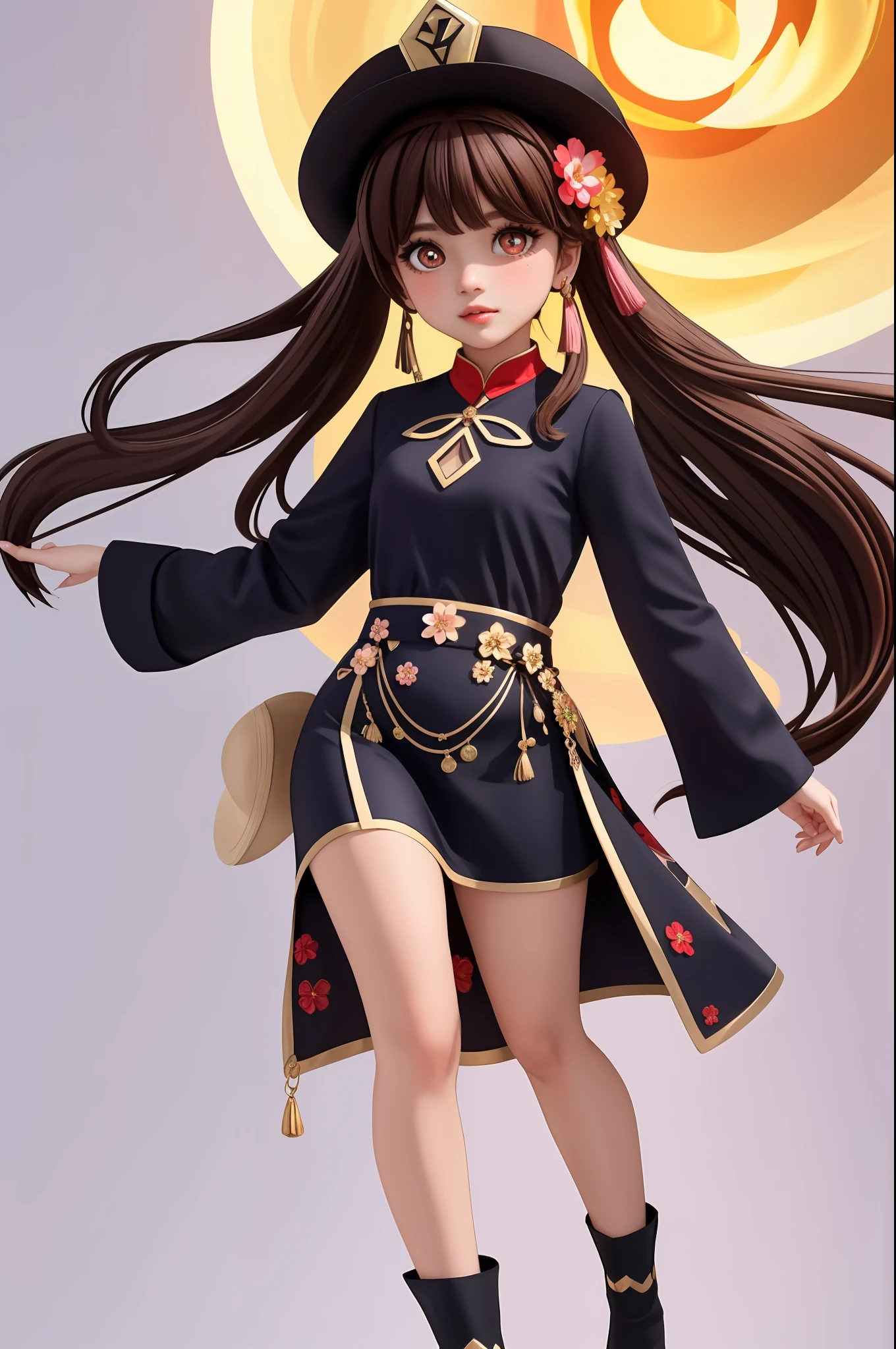 professional  full body photo of pikkyhutao, brown hair, long hair, symbol-shaped pupils, solo, red eyes, looking at viewer, twintails, flower, hat, long sleeves, bangs, blush, jewelry, hat flower, black headwear,
detailed skin, detailed eyes, detailed face,
volumetric light, highrez, masterpiece, best quality,