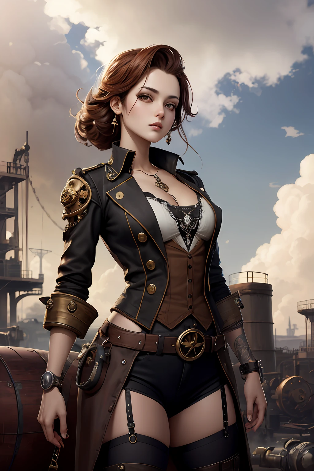 Chica de pelo rojo ondulado y rebelde, de ojos dorados y piel bronceada, ropa estilo pirata Steampunk, fondo con nubes, estilo manhwa realista. Time industrial revolution