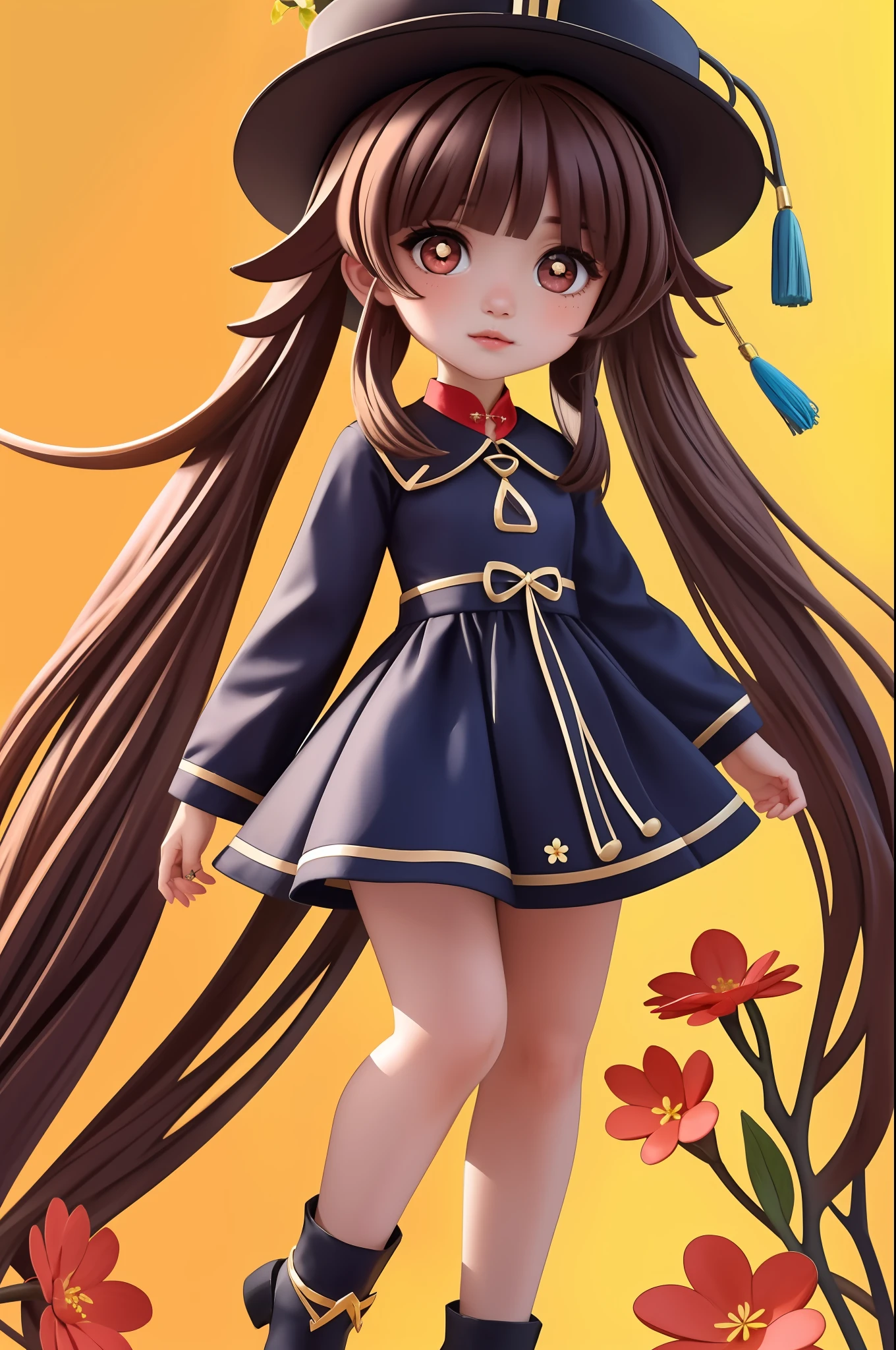 professional full body photo of pikkyhutao, brown hair, long hair, symbol-shaped pupils, solo, red eyes, looking at viewer, twintails, flower, hat, long sleeves, bangs, blush, jewelry, hat flower, black headwear,
detailed skin, detailed eyes, detailed face,
volumetric light, highrez, masterpiece, best quality,