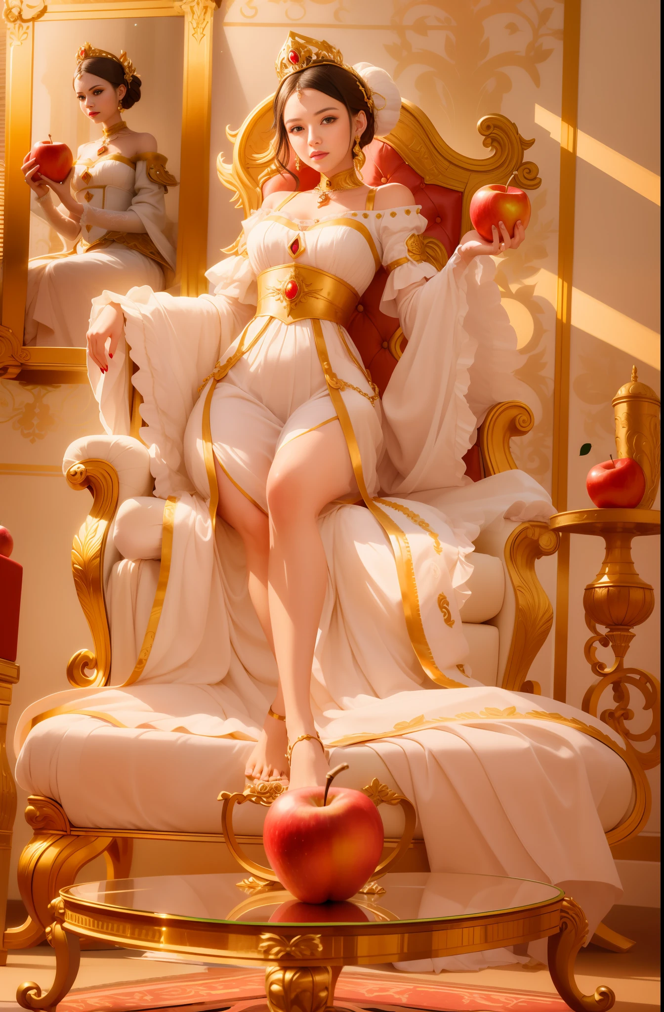 there is a woman sitting on a chair with a red apple, on her throne, sitting on her throne, sitting in a gilded throne, ((a beautiful fantasy empress)), a beautiful fantasy empress, trending on cgstation, sitting on a golden throne, artwork in the style of guweiz, sitting on a throne, 8k high quality detailed art