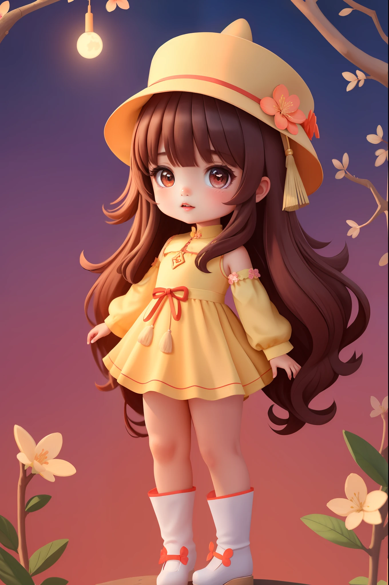Professional Full Body Photo Little girl, 5 years old, pikkyhutao, solo, brown hair, long hair, symbol shaped pupils, solo, red eyes, looking at the audience, double tail, flower, hat, long sleeves, bangs, blush, jewelry, hat flower, black headdress,
Delicate skin, delicate eyes, delicate face,
Volume light, high rez, masterpiece, best quality, night, plum tree background
