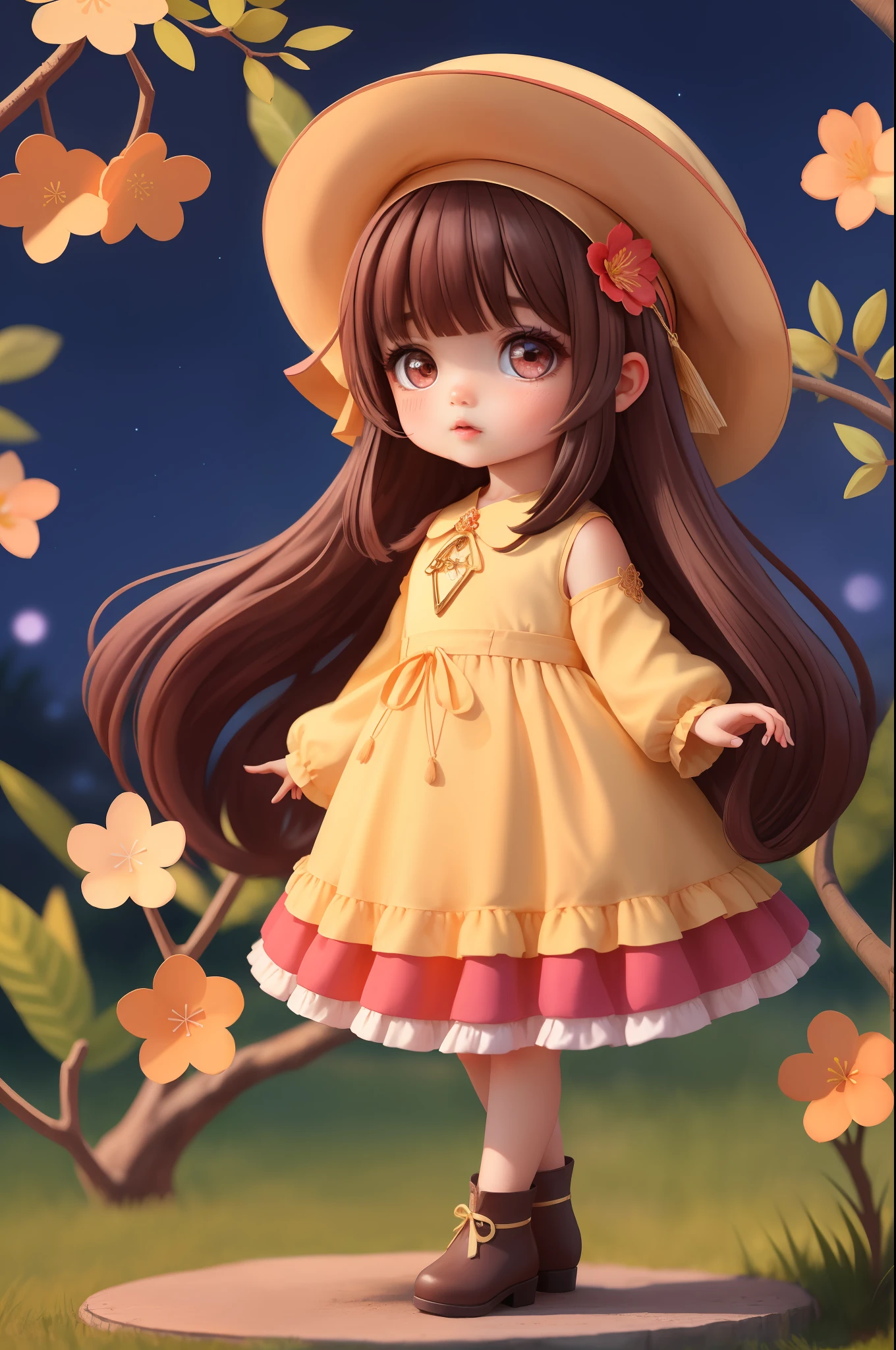 Professional Full Body Photo girl, 5 years yhutao, solo, brown hair, long hair, symbol shaped pupils, solo, red eyes, looking at the audience, double tail, flower, hat, long sleeves, bangs, blush, jewelry, hat flower, black headdress,
Delicate skin, delicate eyes, delicate face,
Volume light, high rez, masterpiece, best quality, night, plum tree background