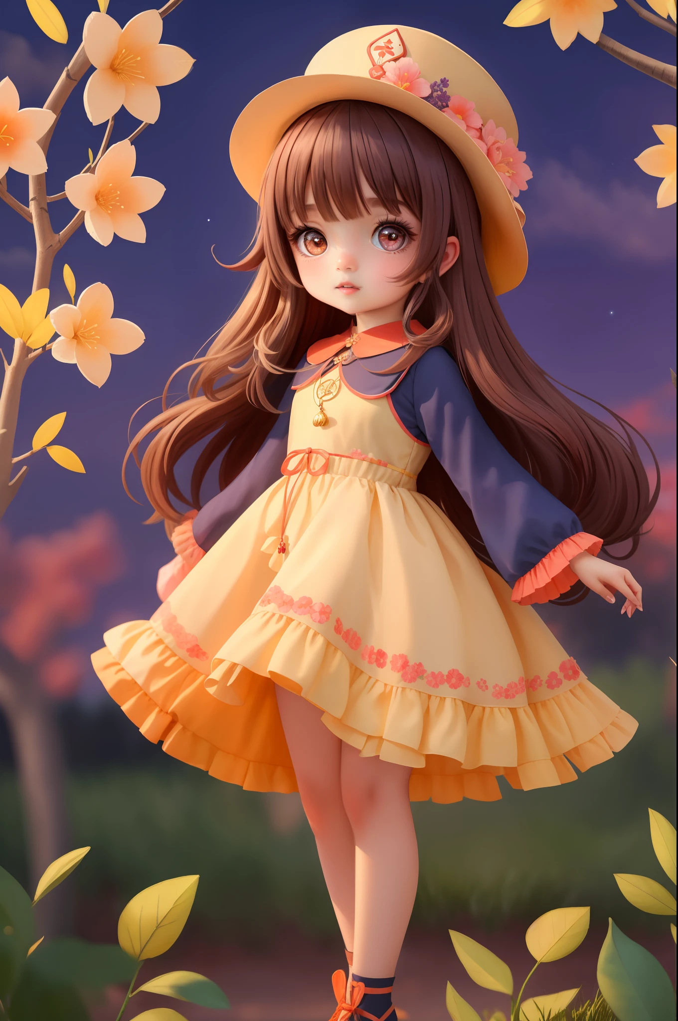 Professional Full Body Photo girl, 5 years yhutao, solo, brown hair, long hair, symbol shaped pupils, solo, red eyes, looking at the audience, double tail, flower, hat, long sleeves, bangs, blush, jewelry, hat flower, black headdress,
Delicate skin, delicate eyes, delicate face,
Volume light, high rez, masterpiece, best quality, night, plum tree background
