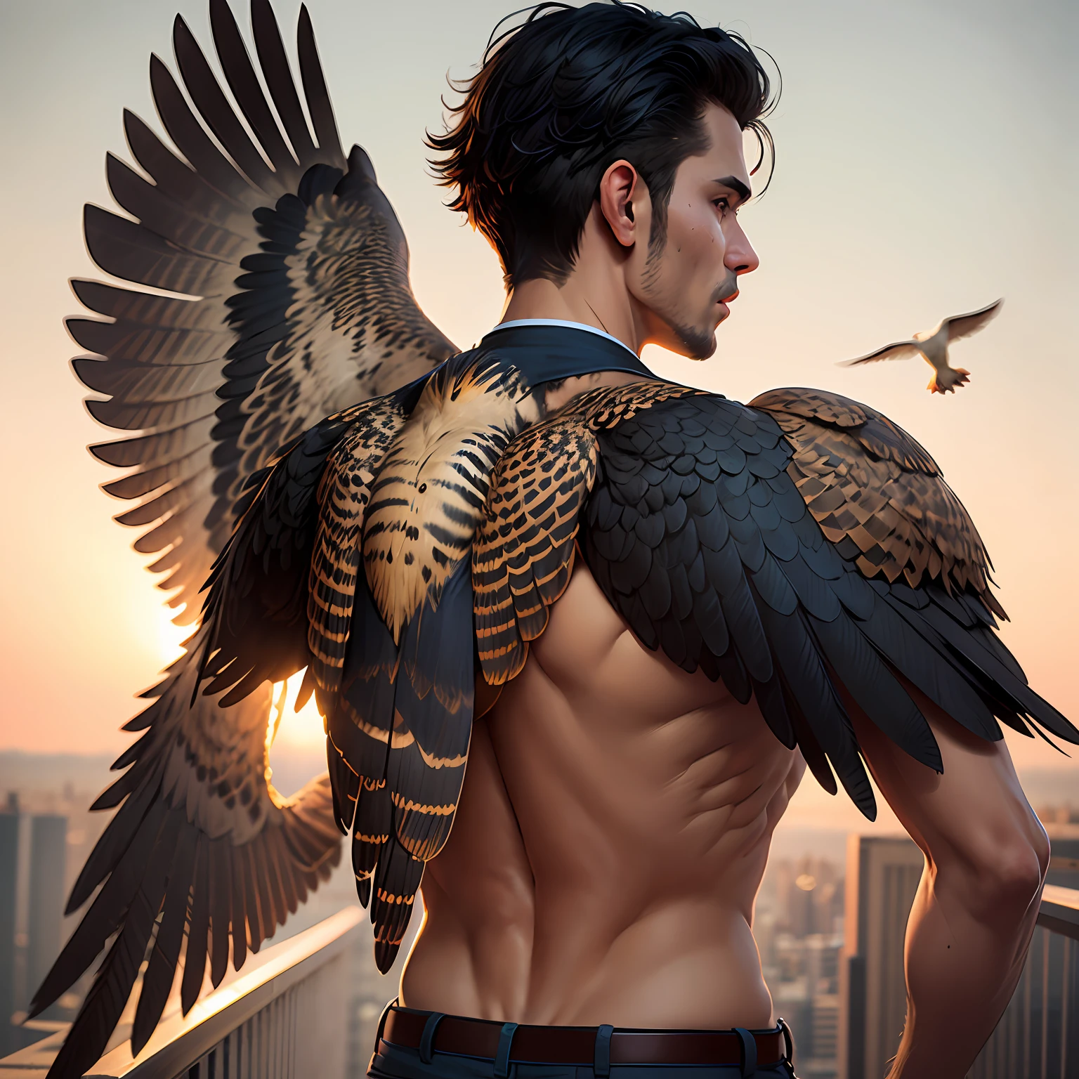 Man with peregrine falcon wing on his back