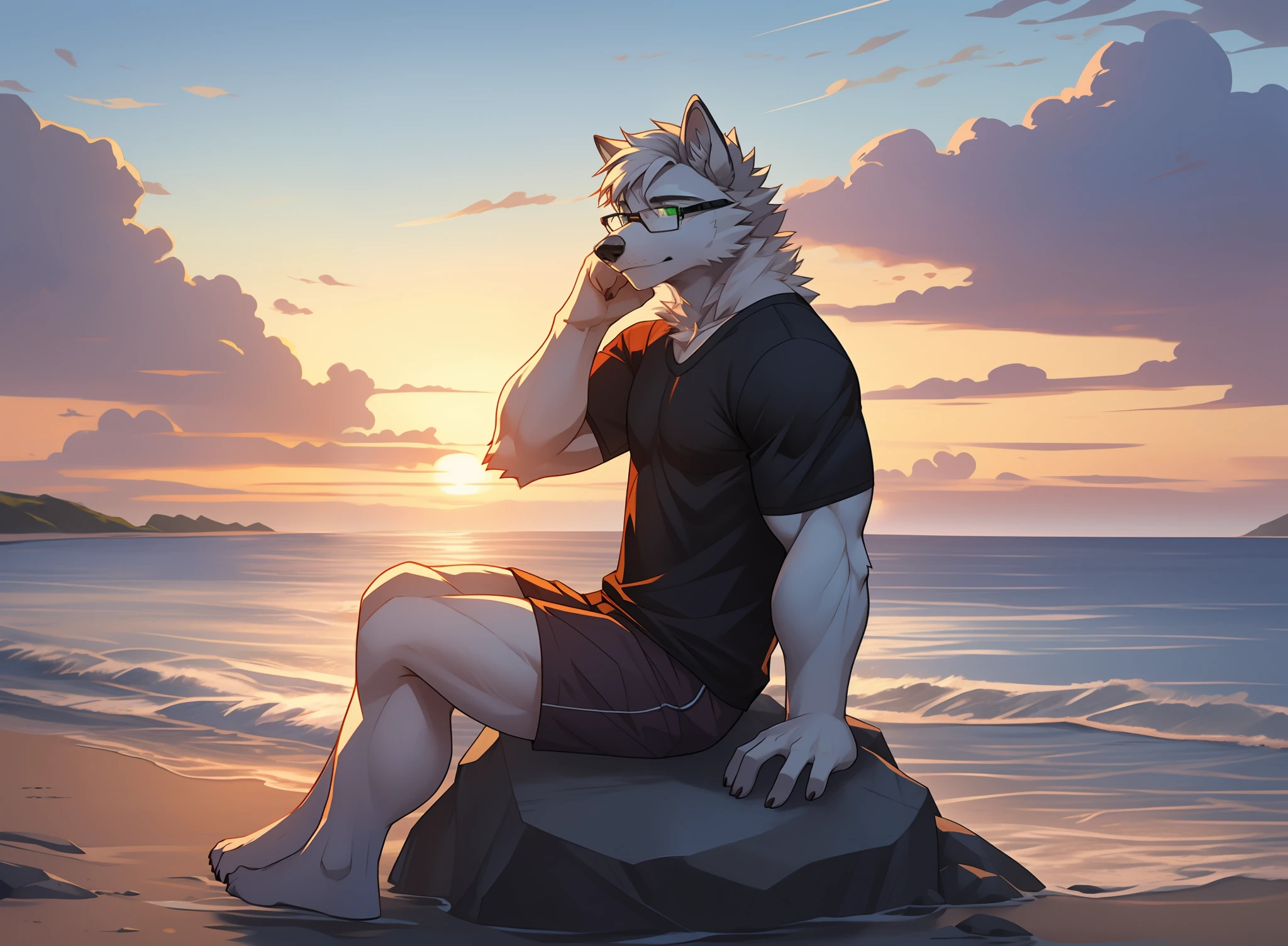 A lone (((white))) arctic wolf sits on a rock on the beach, his dark green eyes staring at the sunset. His white fur and dark t-shirt sway in the breeze. He is wearing glasses. 1boy,male, athletic, athletic body, 4k, Realistic, Masterpiece, white colored hair
