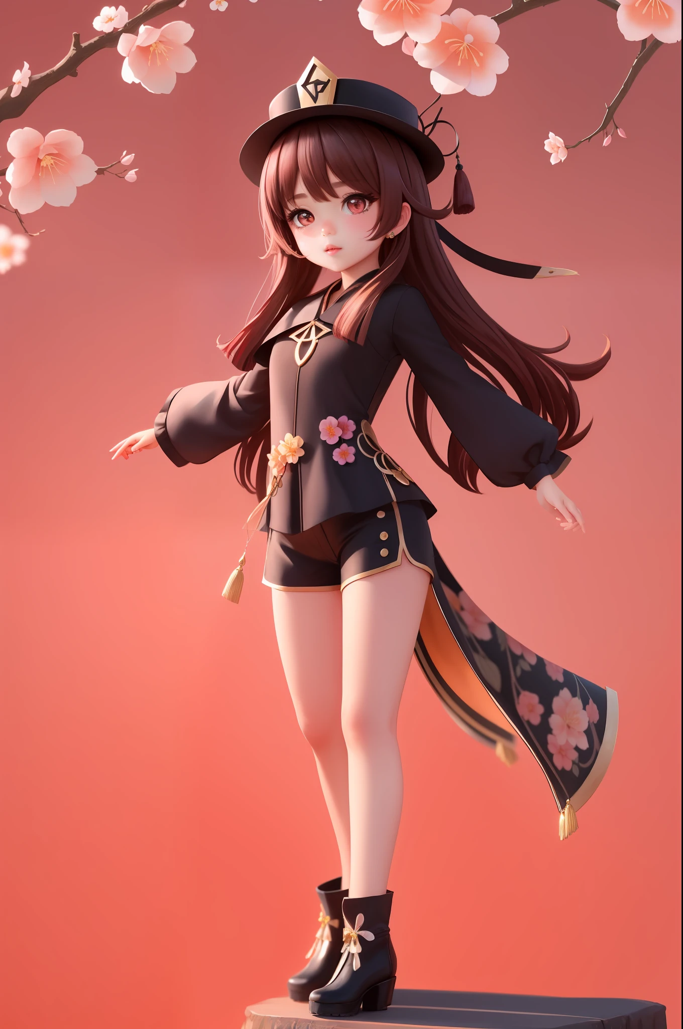 Professional Full Body Photo Little girl, 5 years old, pikkyhutao, solo, brown hair, long hair, symbol shaped pupils, solo, red eyes, looking at the audience, double tail, flower, black hat, long sleeves, bangs, blush, jewelry, hat flower, black tiara, black shorts, gold stroke trim on clothes
Delicate skin, delicate eyes, delicate face,
Volumetric light, high rez, masterpiece, best quality, night, red plum blossoms, plum tree background