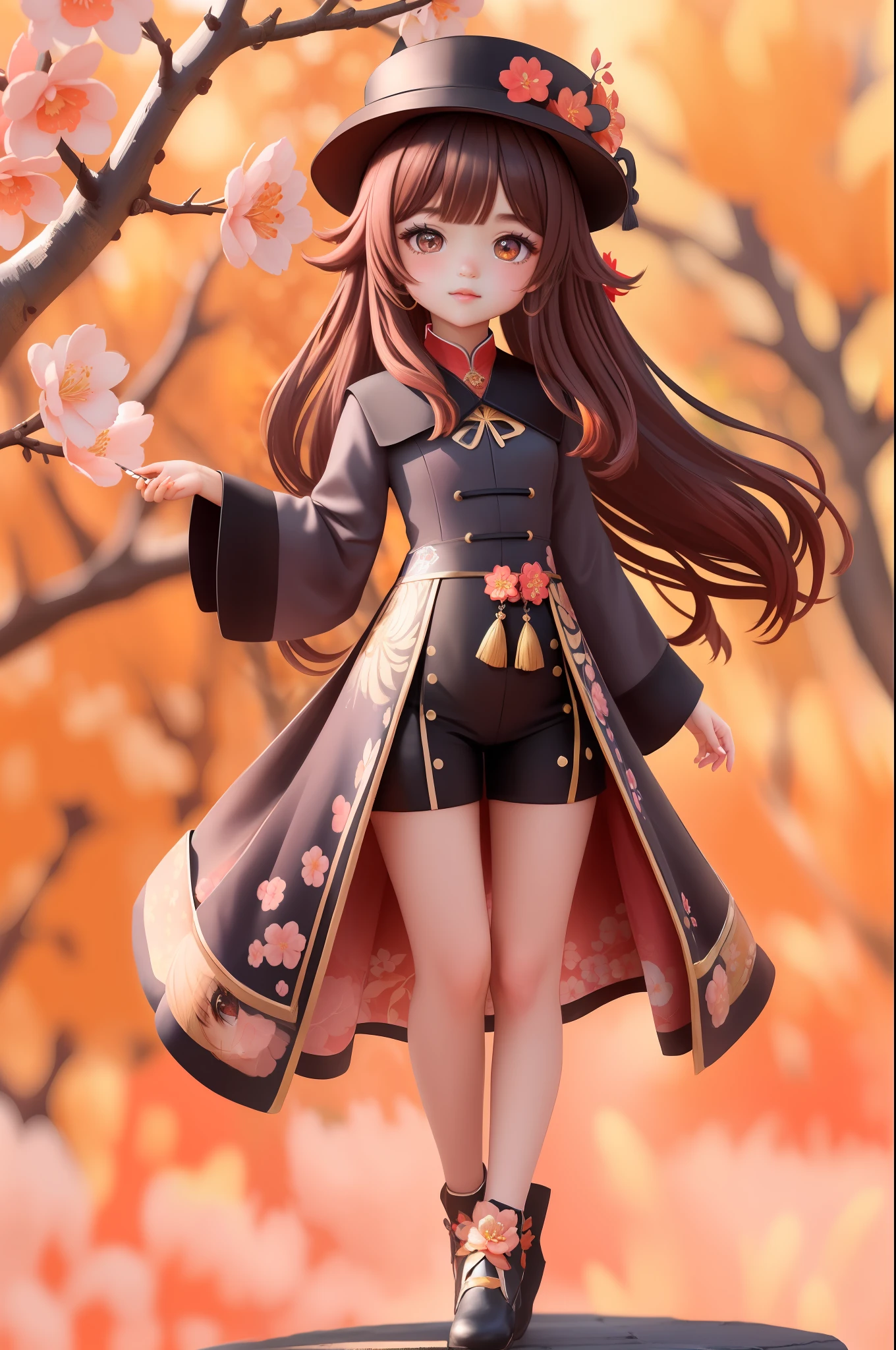 Professional Full Body Photo girl, 5 years yhutao, solo, brown hair, long hair, symbol shaped pupils, solo, red eyes, looking at the audience, double tail, flower, black hat, long sleeves, bangs, blush, jewelry, hat flower, black tiara, black shorts, gold stroke trim on clothes
Delicate skin, delicate eyes, delicate face,
Volumetric light, high rez, masterpiece, best quality, night, red plum blossoms, plum tree background