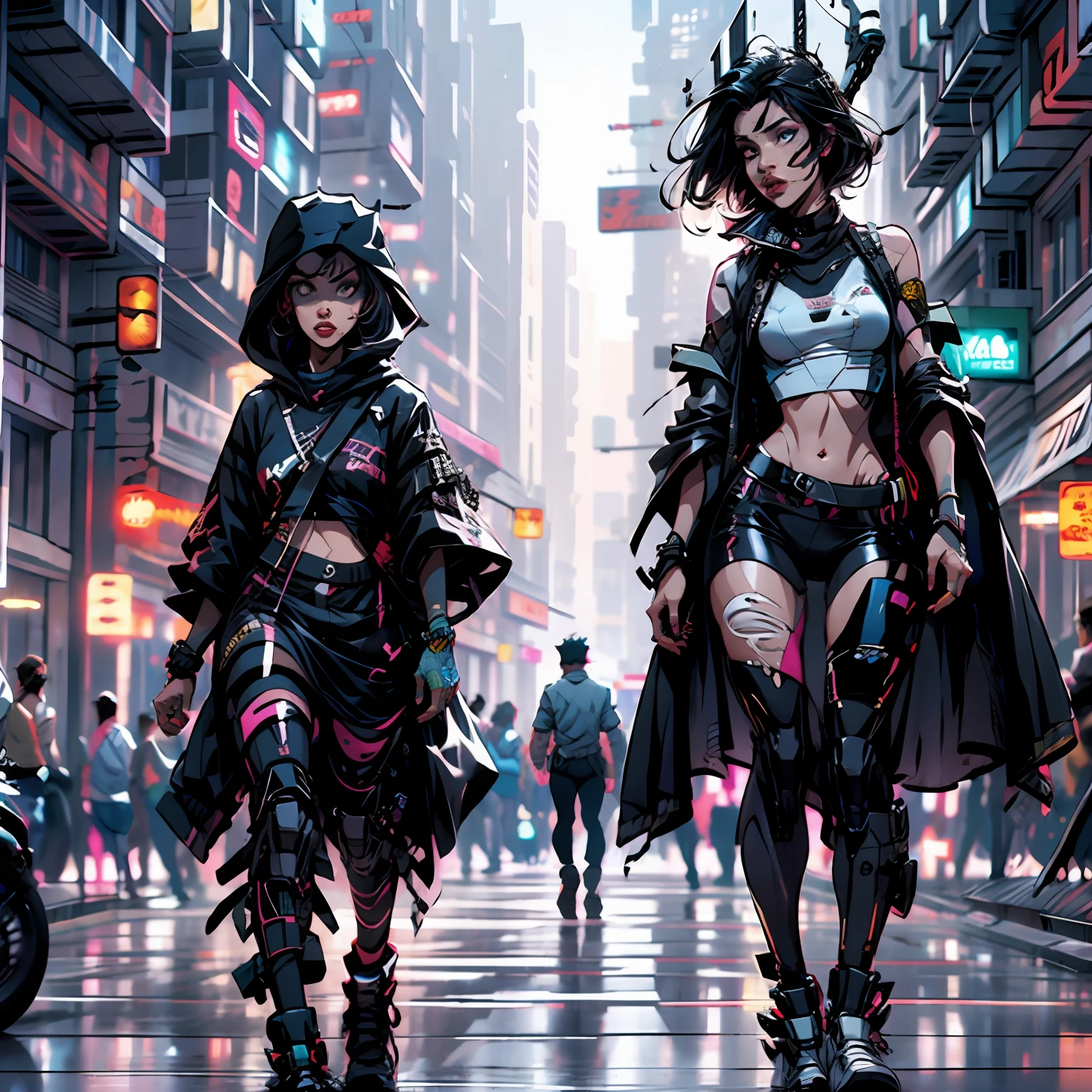 tem muita gente andando na rua, um homem, um homem roupas camadas, roupas cyberpunk, Futurista, em frente a um fundo cinza, Cyberpunk, roupas Futurista, Errante, Ocultista Techwear, detalhes extremamente altos, wearing cloak on blasted plain, Capa VantaBlack, Capa de viagem preta, capa pesada, Cabo Escuro, um manto preto, Black cape from neck to ankles people walking down a street, pessoa em primeiro plano, viajantes andando pelas ruas, em um fundo escuro, realistic », crisp details, Realismo, detalhes ricos, mochila, Ron, imagem real, real, um ultra realista, Chuva iluminada, people walking around