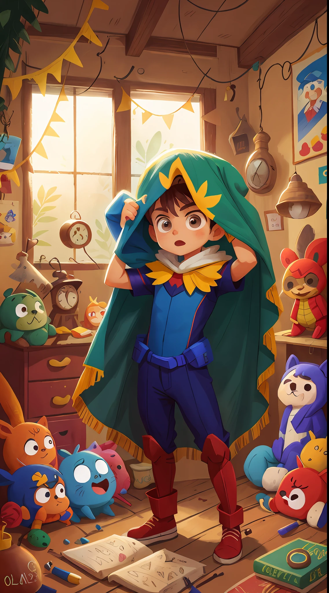 Boy in hero costume inside an attic full of mystery objects, Cabelos castanhos e espetados.
Olhos brilhantes e expressivos.
Superhero costume with vibrant colors, como vermelho,Branco, azul e verde .
A fluttering cloak that accompanies it .