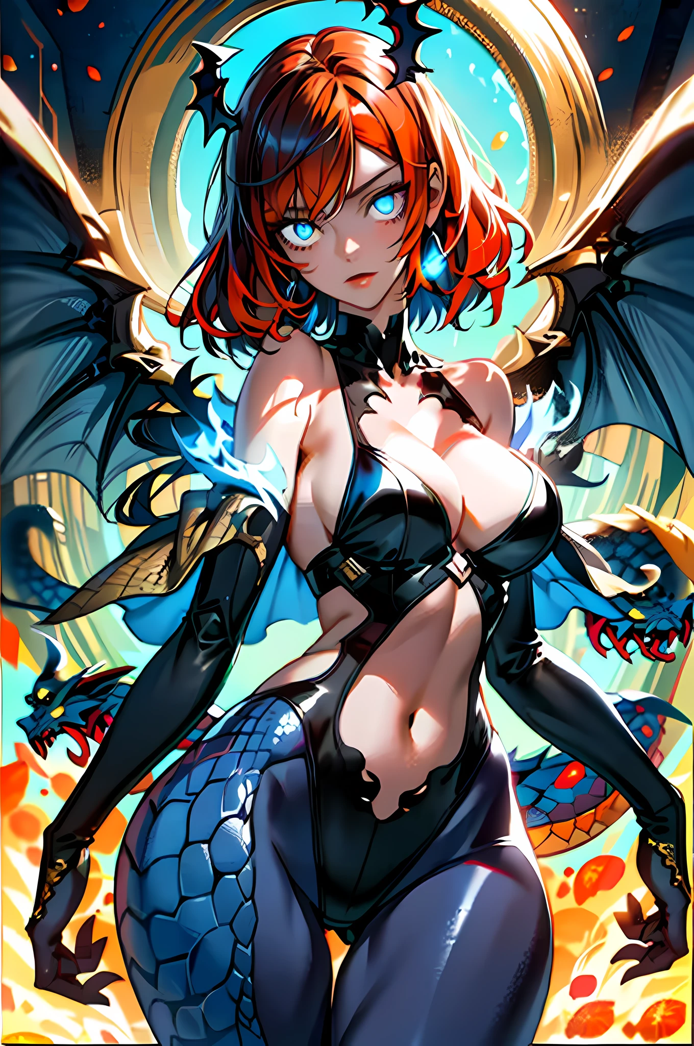 (best quality, masterpiece, extremely detailed, high resolution, 4k, CG, UHD), solo gorgeous lady, (orange Scales, obsidian body), blue halo, wings, fallen angel, (loose waves orange hair with blue highlights), glowing dragon eyes, (beautiful face, huge breasts, perfect fit body, narrow waist, round frim ass), detailed face, detailed eyes, detailed skin, scaled body, naked,