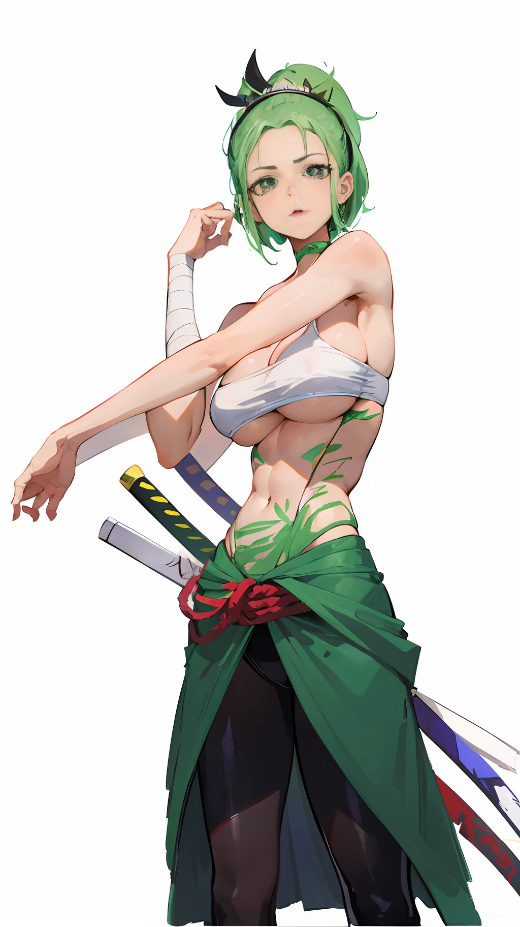 (obra prima: 1.5,melhor qualidade: 1.5) , (Roronoa Zoro female version) , mulher de cabelo verde curto, 3 espadas na centura, cinto para colocar as espadas, Trunkless loops, bandages like bra, defined belly of muscles, Perfect body defined and aesthetic, corpo Deusa grega, olhar seduzente, Perfect body proportions, coxas lindas, thigh abduction, corpo sexy e belo, rosto bonito, beleza aparente, Stretch out, medium boobs, olhando para o espectador