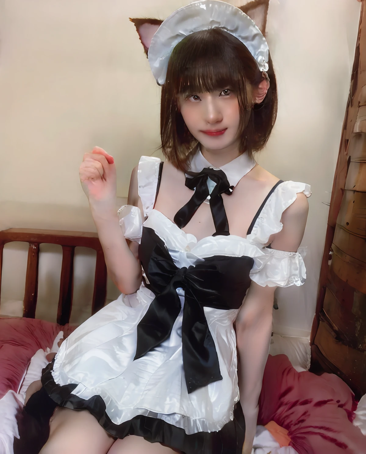 There is a beautiful boy sitting on bed talking on mobile phone,  in dress, cosplay of a catboy! maid! Dress, dressed with fluent clothes, dressed with long fluent clothes, frilly outfit, fairycore, belle delphine, High Quality Video, ruan cute vtuber, wearing a white folkdrakt dress, maid clothes, Young man dressed as a woman