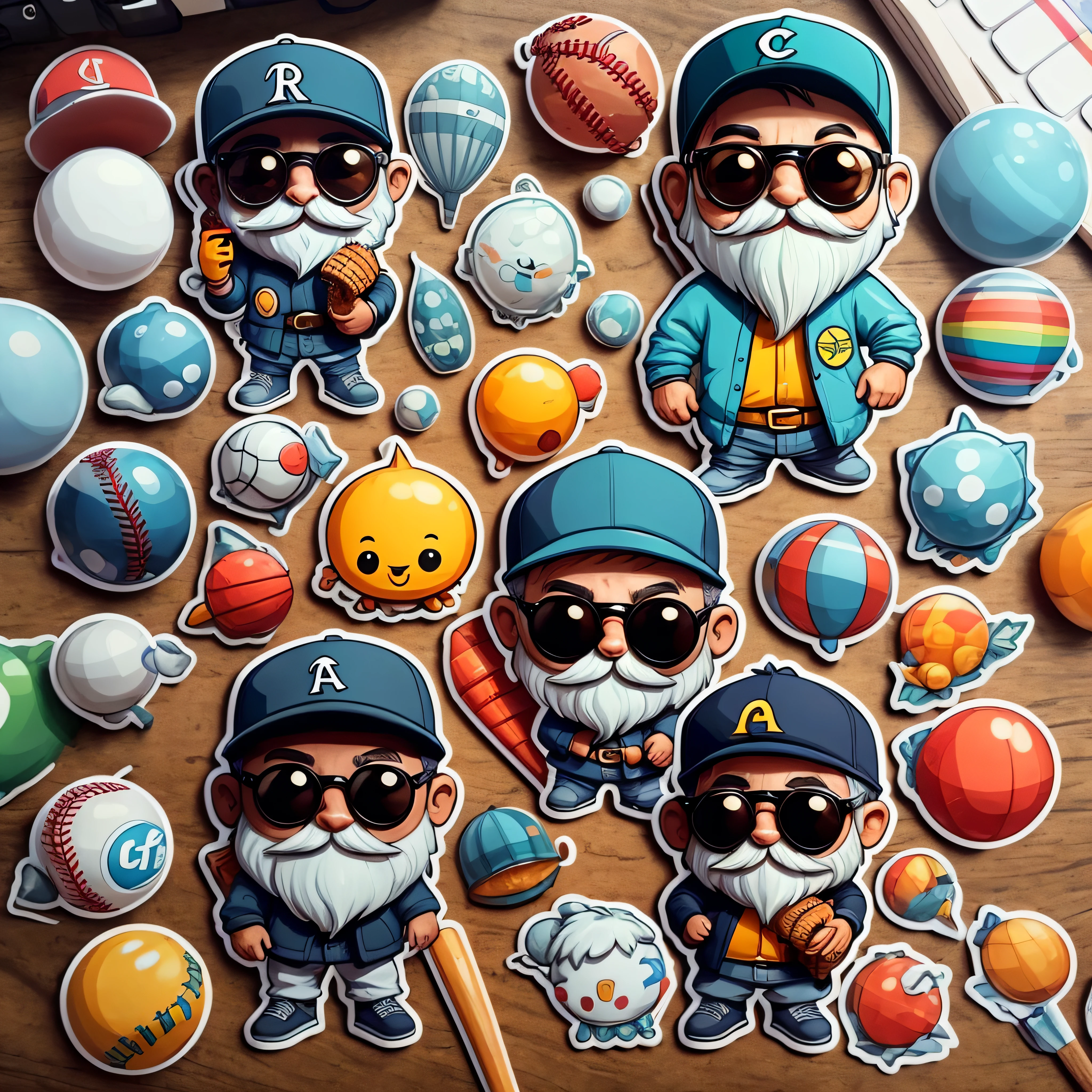 pegatina, Feliz colorido, 60-year-old mini man with baseball cap glasses and short white beard, con Headohones, kawaii, contorno, Vector, fondo blanco