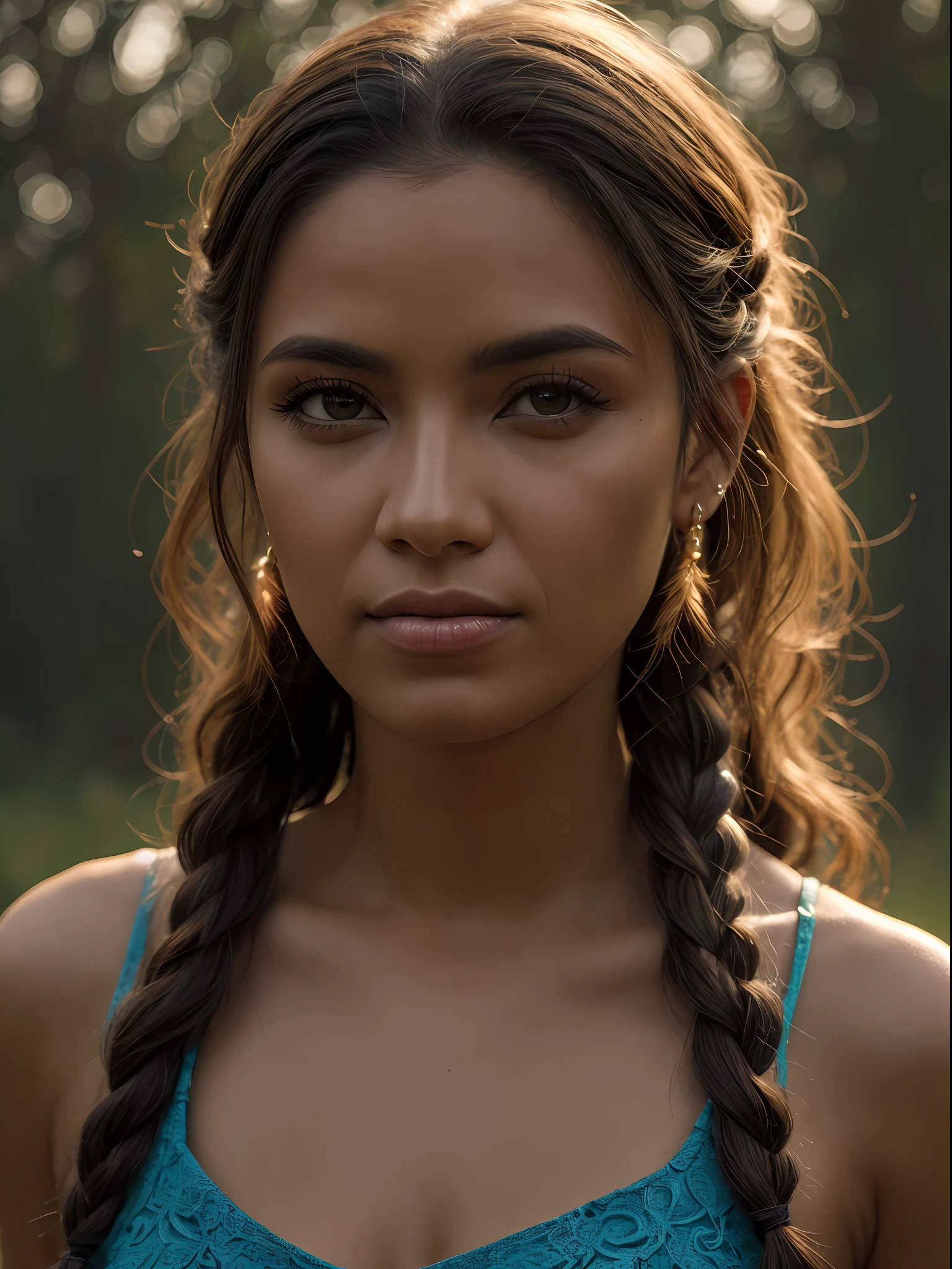 uma foto de retrato, nativa, indigenous, tribal, textura natural da pele, 24mm, texturas 4k, pele suja, Soft cinematic light, pele detalhada com pintas (pele com poros e textura), Adobe Lightroom, Photolab, lips half-open, labios carnudos, chuva detalhada, Detailed braided pigtails, obra-prima, (belos olhos castanhos claros detalhados: 1.1), melhor qualidade, ilustration, (Detailed lighting: 1.2), (brilho detalhado bonito: 1.3), roupas de banho branco, decote profundo, intrincado, pintura digital, Smooth, sharp focus, Fim do Mundo, Epic Realistic, (HDR:1.4), (Cores Silenciadas:1.4), Cores Neutras, Noite, refractions of screen space, (Detalhes intrincados, Hiperdetalhados:1.3), Cinematographic photo, Vinheta, Fundo castelo medieval, Cores Escuras, Vampire Hunter