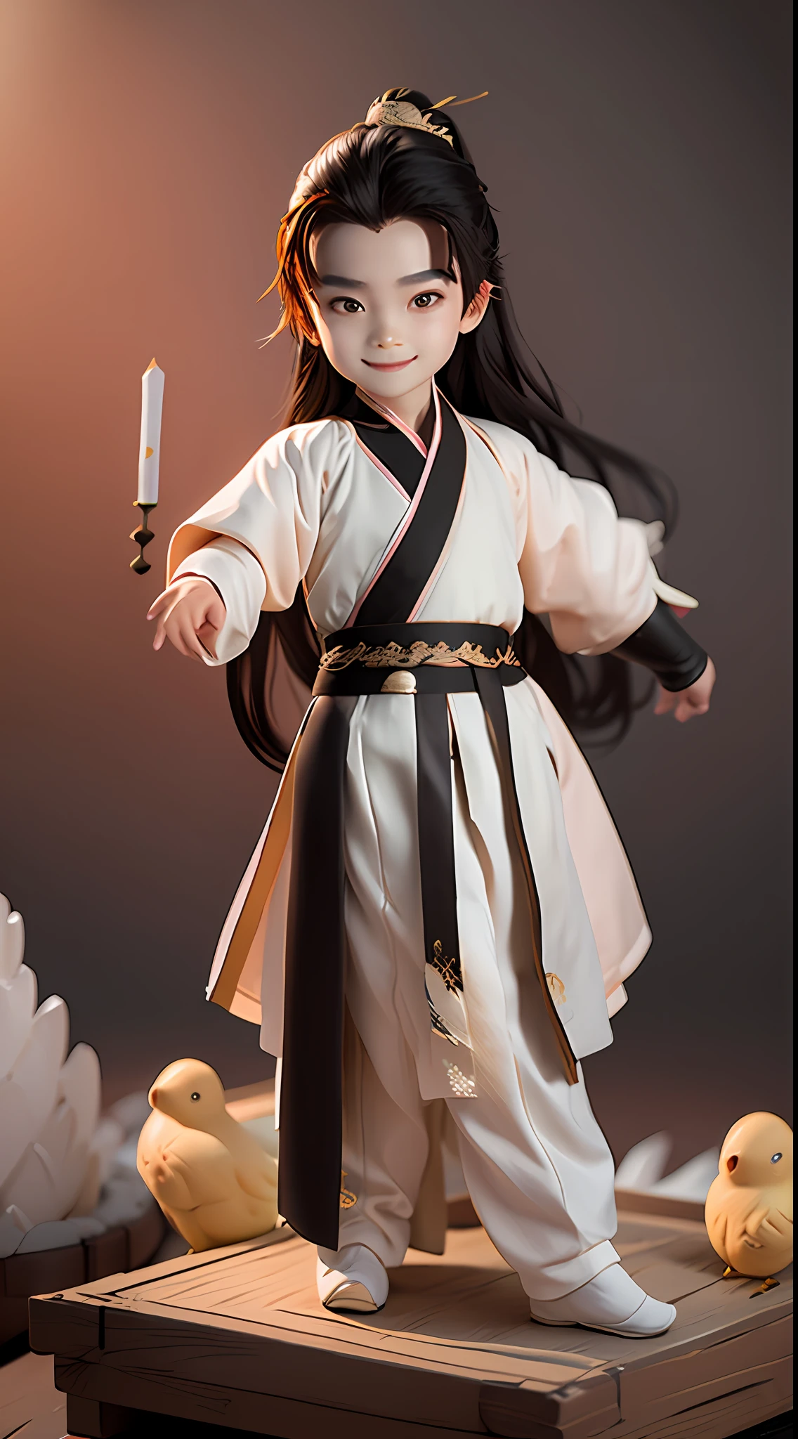 (Masterpiece),(Need),(Super meticulous),(Entire body:1.2),(A little boy:1.3,Smile white Hanfu,with long black hair,Stand on a black tent boat),(backdrop:Yangtze,Mountains on both sides of the Yangtze River),chibi,full body