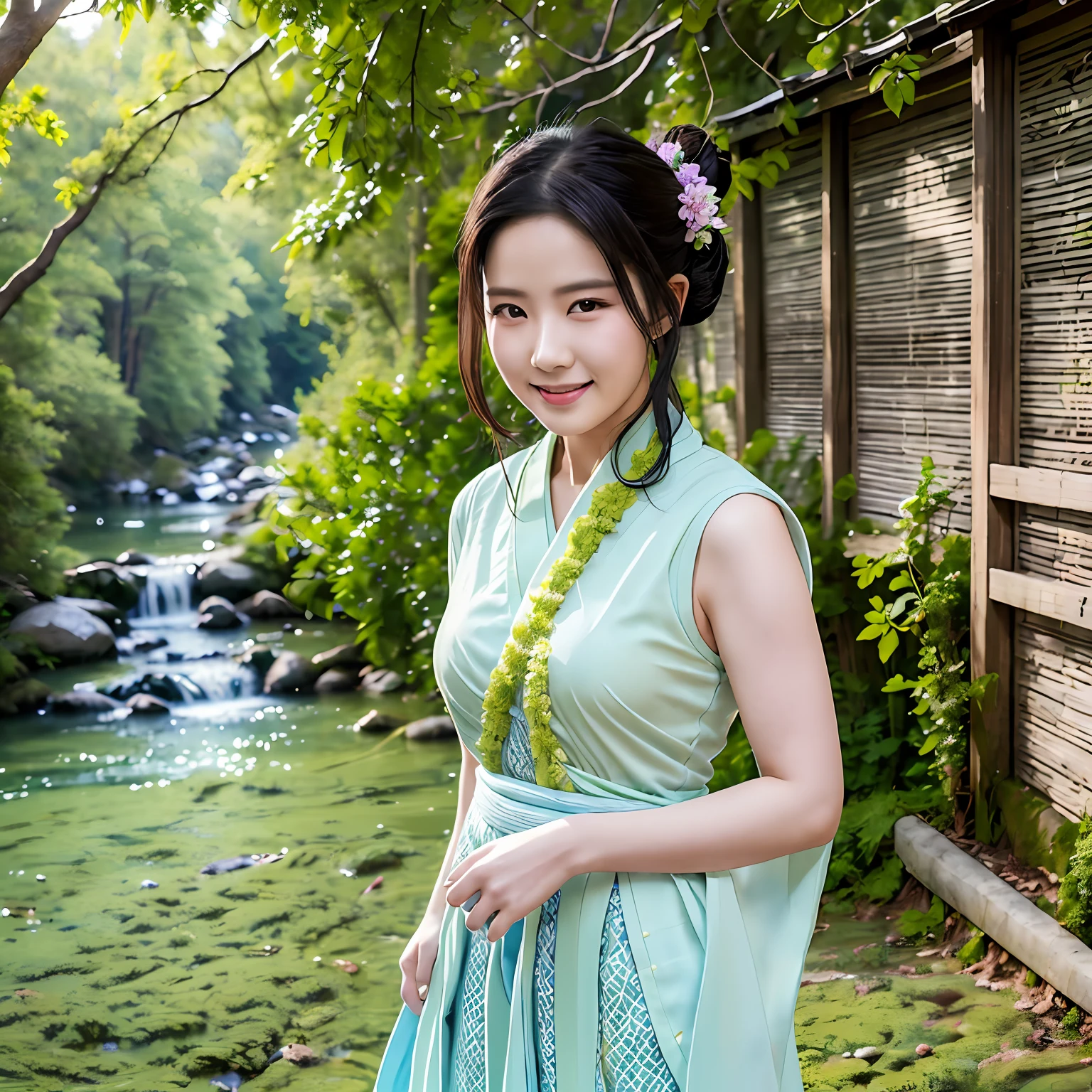 ((4k,masterpiece,best quality)), shuimobysim, traditional chinese ink painting, lotus, hanfu, maxiskit, dress conservatively
1girl, solo, long blue hair, smile, standing, feet in the water, barefoot,