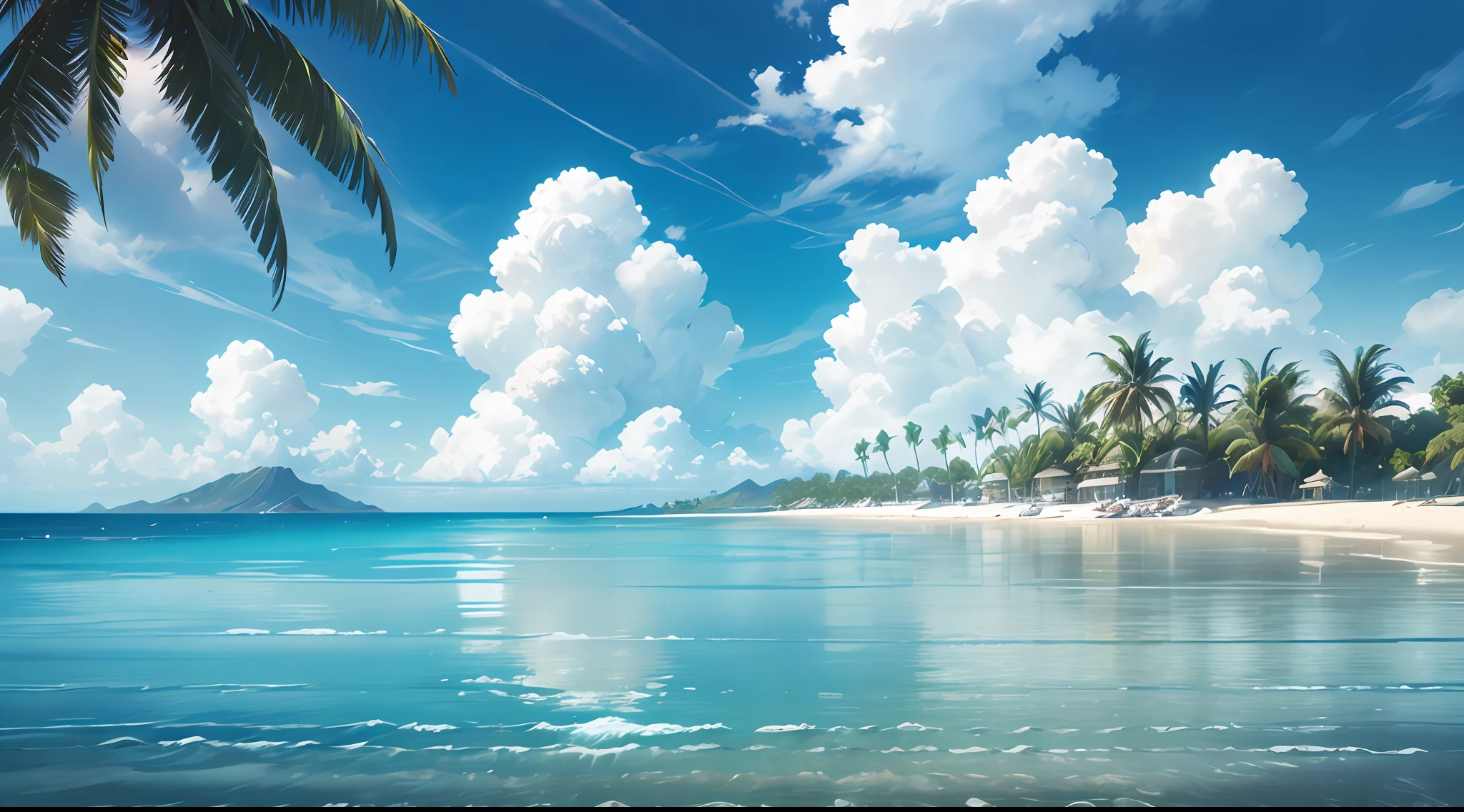 Summer, seaside, island, clear water, blue gradient water, transparent water, island, coconut palm, paradise, large clouds, blue sky, hot weather, HD detail, hyper-detail, cinematic, surrealism, soft light, deep field focus bokeh, distant snow mountains, ray tracing, and surrealism. --v 6