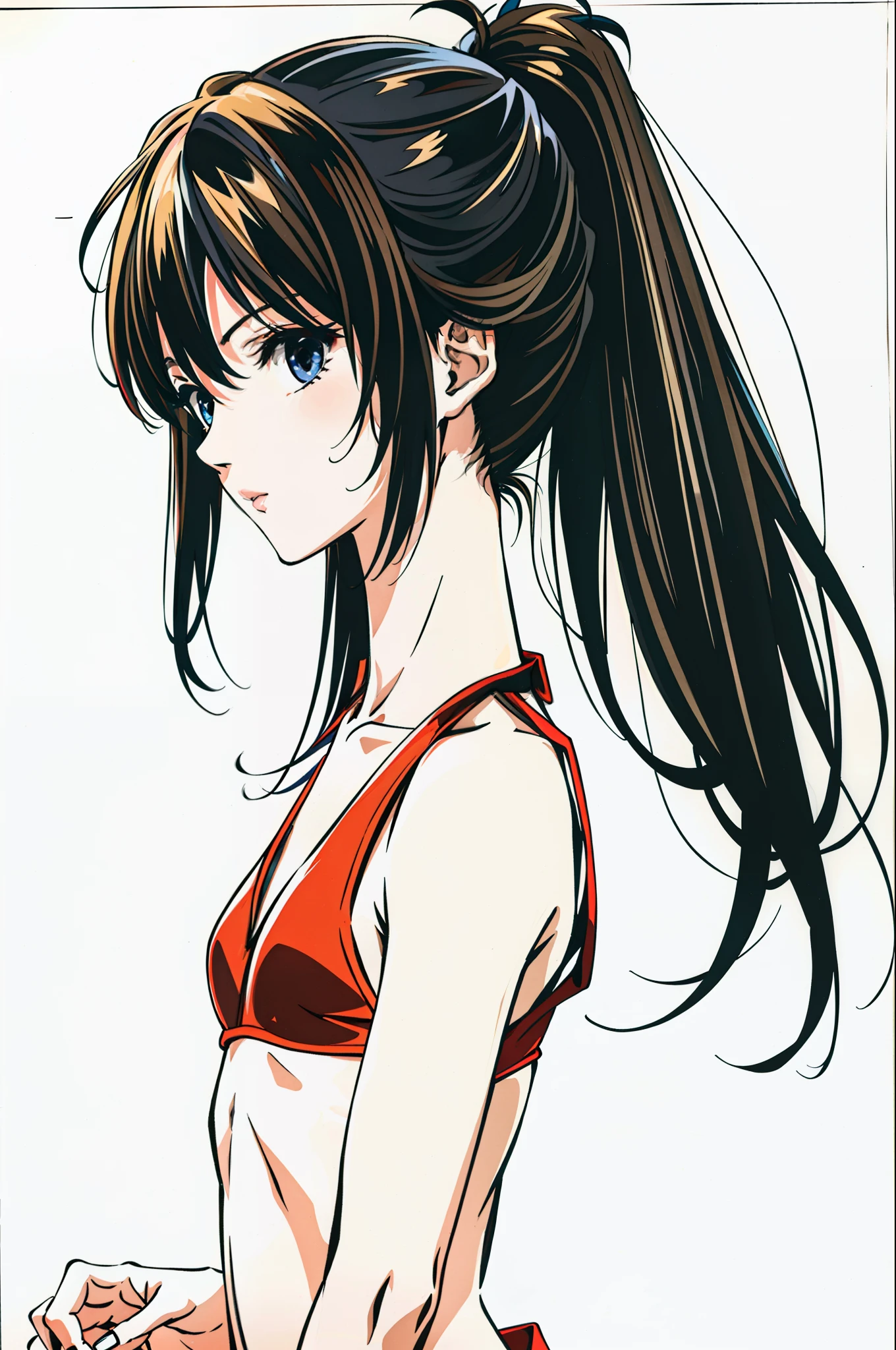 foto retrato de cuerpo entero, beautiful anorexic Asuka Langley, muy flaca en bikini, huesos y costillas visibles, Small flat breasts, very small waist, piernas delgadas, rostro hermoso, vista de perfil de Asuka  Langley muy muy flaca, fondo blanco.