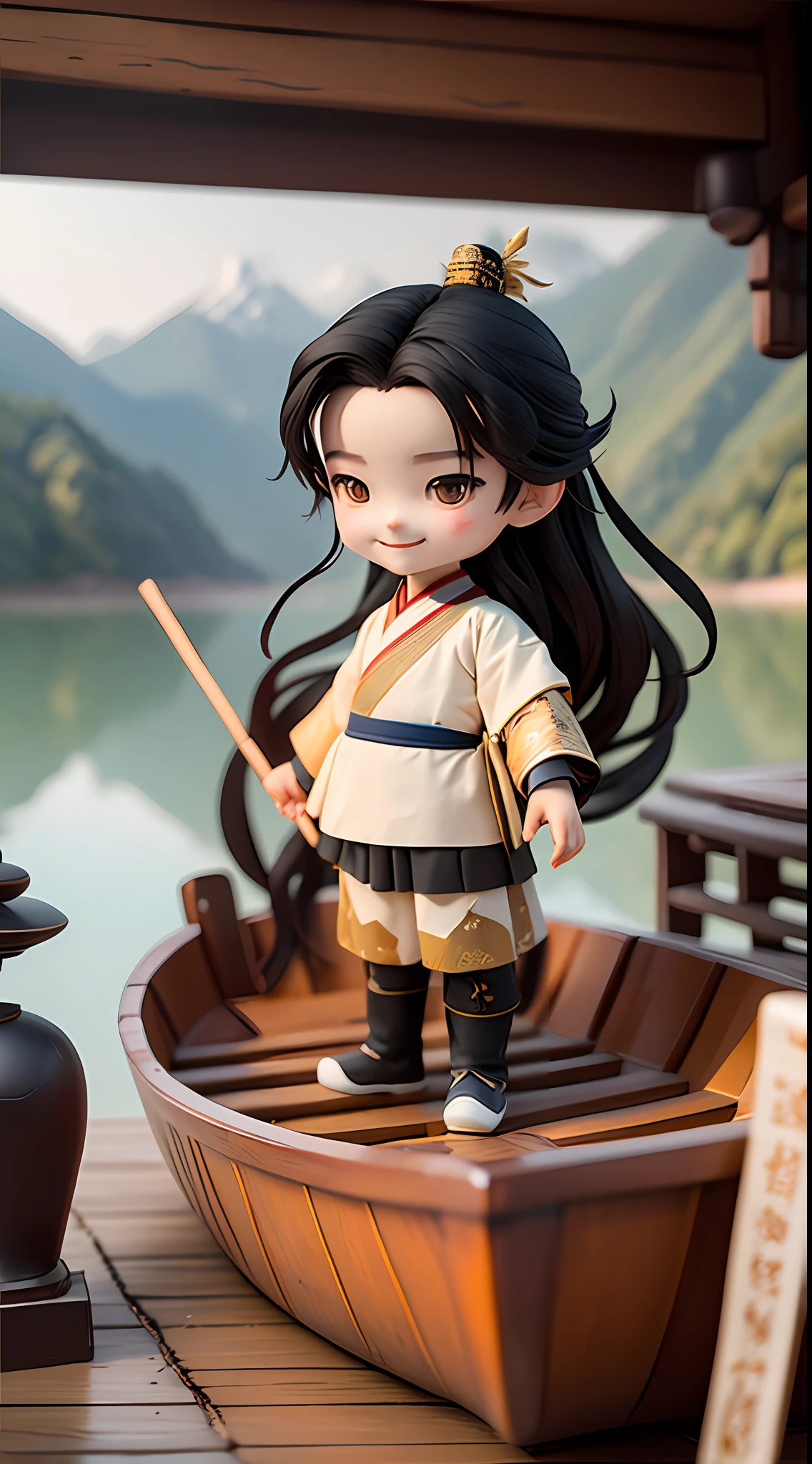 (Masterpiece),(Need),(Super meticulous),(Entire body:1.2)，（A little boy：1.3，Smile white Hanfu，with long black hair，Stand on a small wooden boat)，（backdrop：Yangtze，Small wooden boat，Mountains on both sides of the Yangtze River），chibi，full body