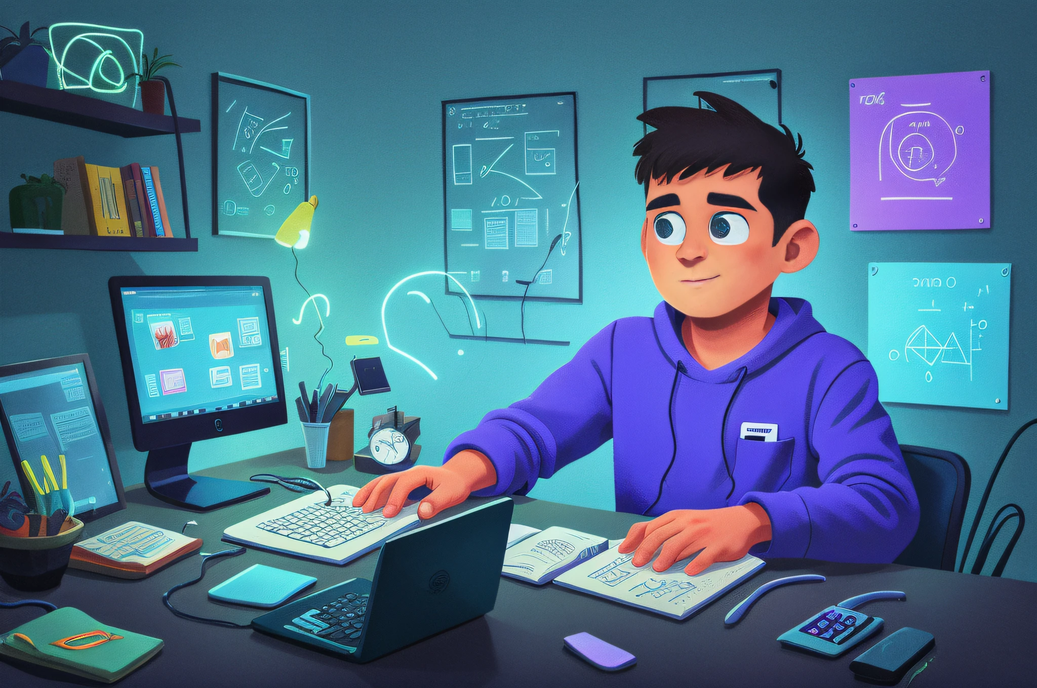 Homem trabalhando no computador em sua casa luxuosa ,imagem escurecida, luzes neon, ultra realista