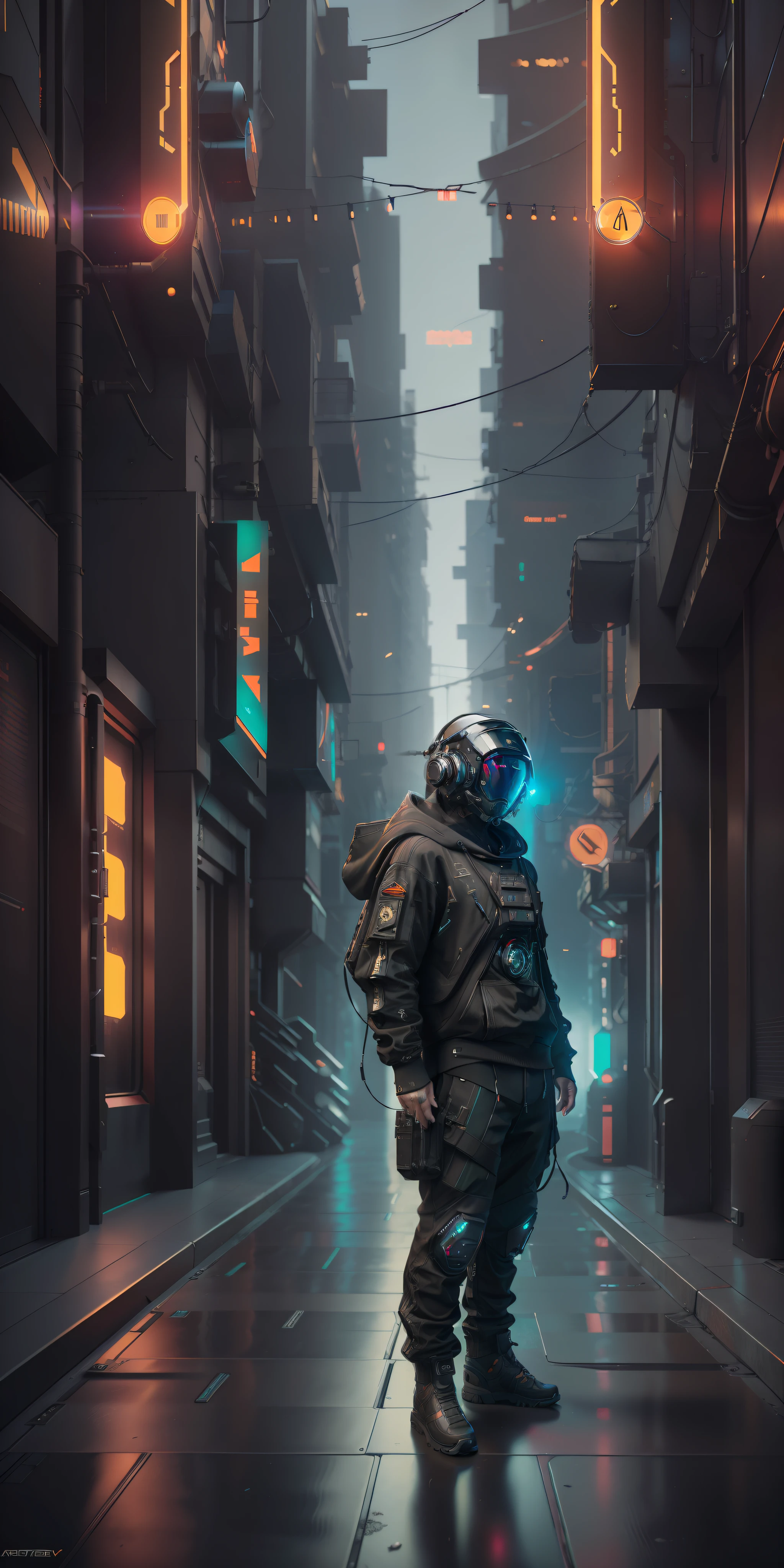 (masterpiece, full body shot, intricate raw photography) Cyberpunk citizen, comfortable oversize black hoodie, black cargo pants, black clothes, dark, wearing a black helmet hitech style Astronaut, intricate, futuristic, advanced technology, dark environment, dramatic, light and shadow, cinematic, action movie, sharpness, random relaxed position, Cyberpunk City, street lights, dark street, night, Insta photo, photo of the year, octane render, substance, Maya 3D, cinema4D, ArtStation Trending, Devian Art Trend,
