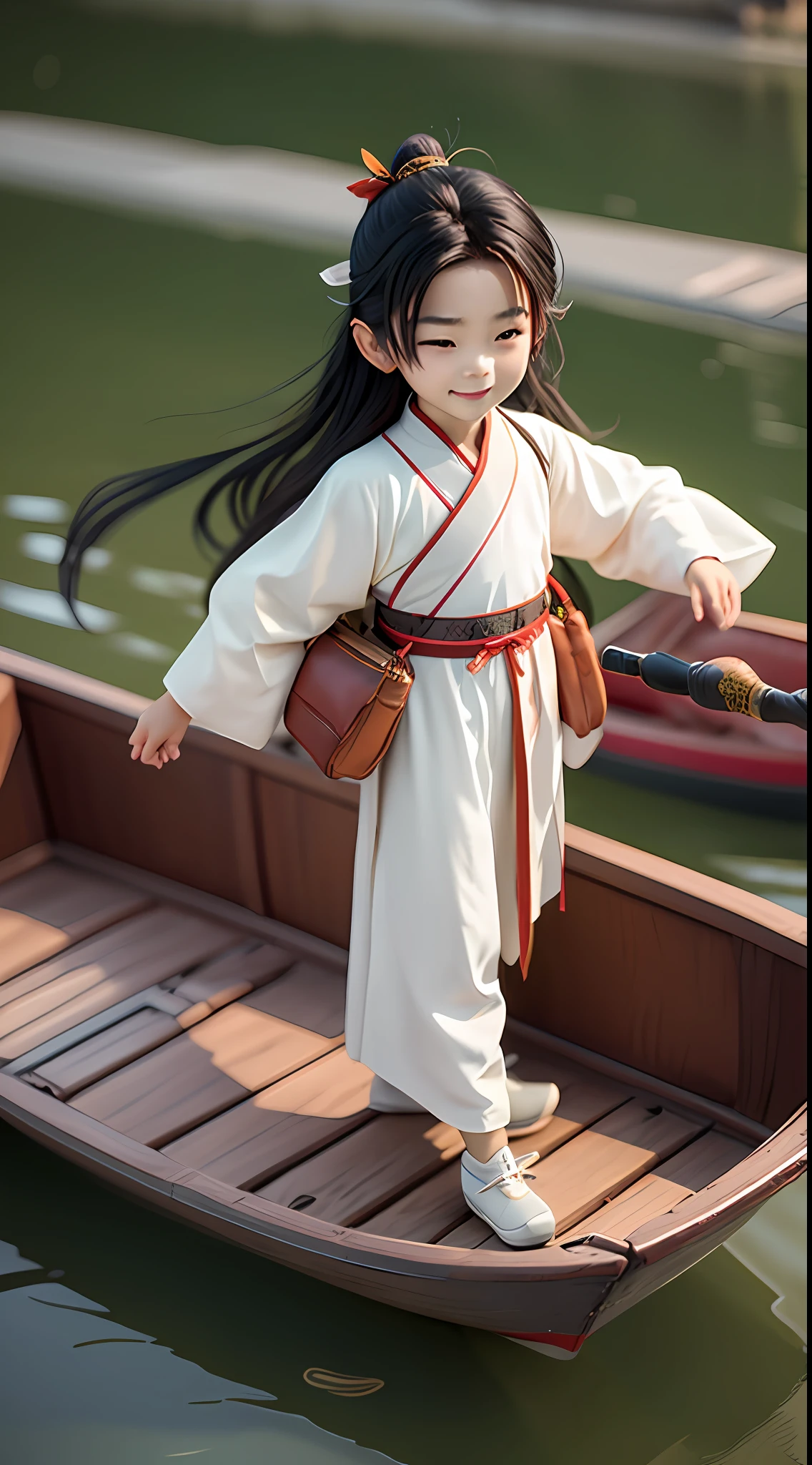(Masterpiece),(Need),(Super meticulous),(Entire body:1.2),(A :1.3,Smile white Hanfu,with long black hair,Stand on a small wooden boat,Small wooden boats drift on the river),(backdrop:Yangtze,Water streaks,Small wooden boat,The wine altar on board,Mountains on both sides of the Yangtze River,),chibi,Full body