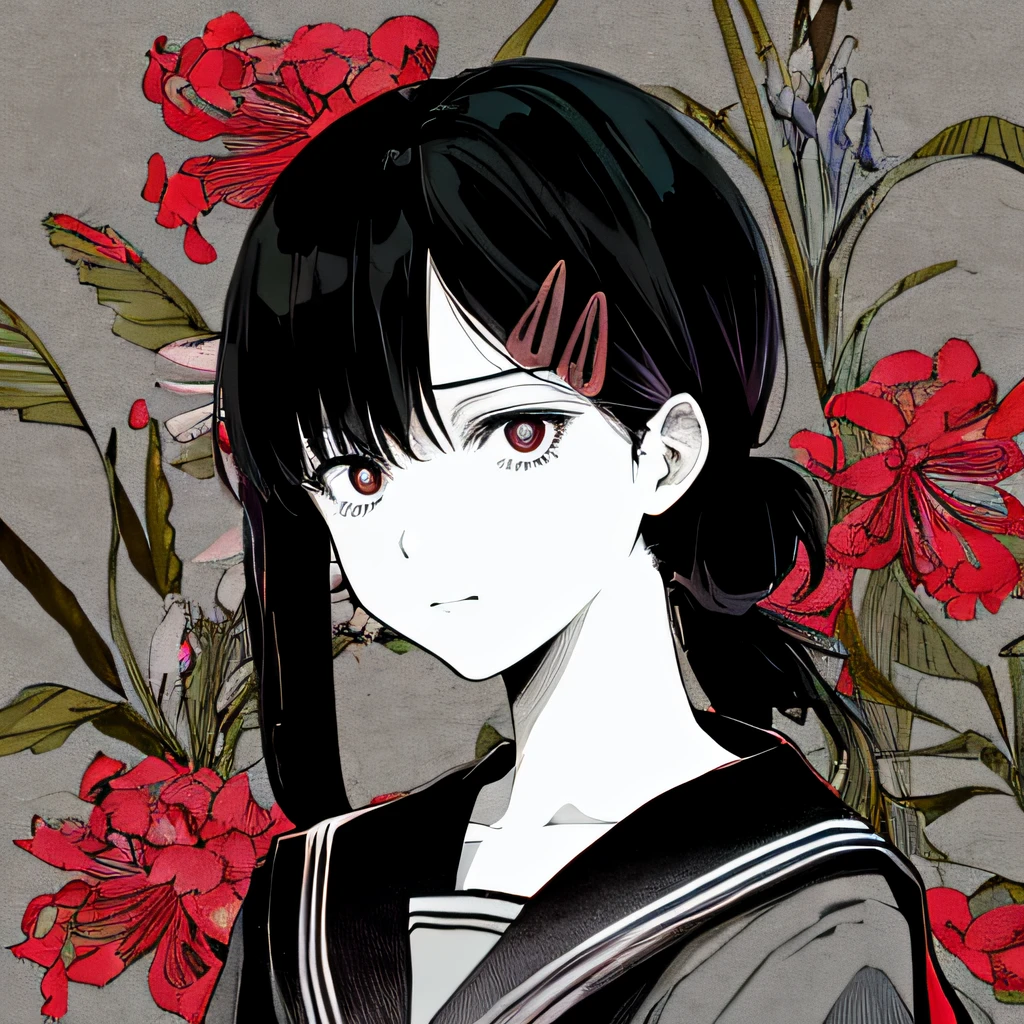 ligne claire makima,masterpiece, best quality, flat color, limited palette, low contrast, 1girl, serafuku, long straight black hair, lycoris flower, goat skull, (red, black)