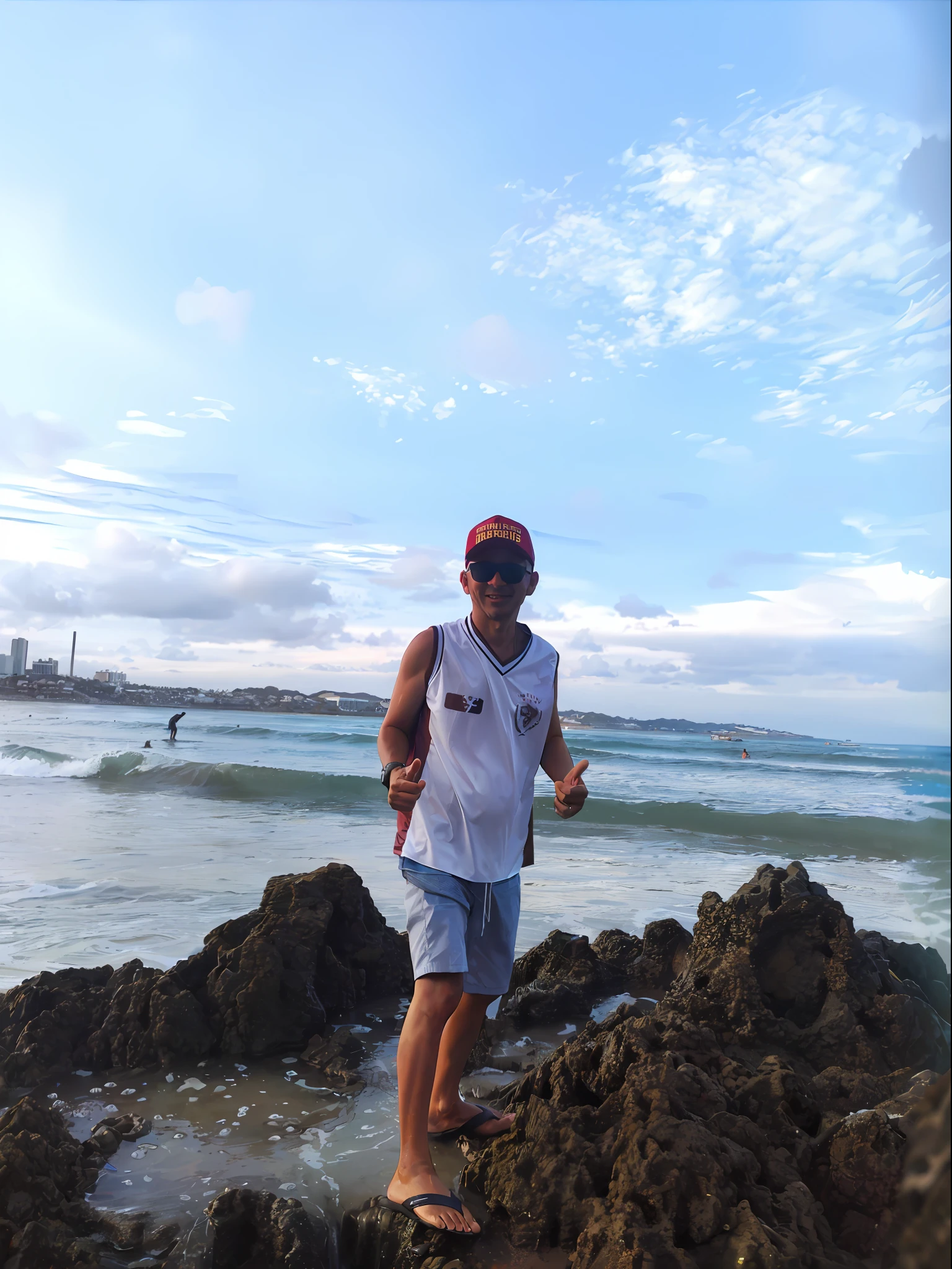 there is a man standing on a rock in the water, standing on a beach in boracay, Direction: Robbie Trevino, posando em uma praia com o oceano, on the ocean water, Assumido em Go Pro Hero8, standing at the beach, standing near the beach, O oceano ao fundo, por Dicky Doyle, ao lado do oceano, Torne-se profissional