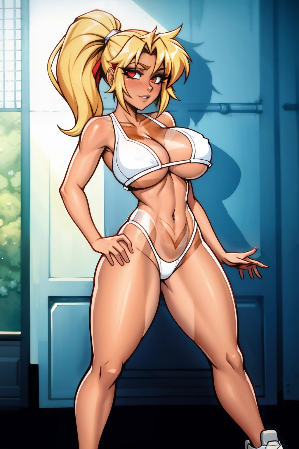 /draw [retro anime], old anime, 1980s \(style\), 1990s \(style\), watercolor \(medium\), ((best quality)), ((masterpiece)), [detailed], [anime and manga image], [captivating], [enchanting],[large breasts], [large hips], full body portrait,body Outline emphasis:1.2,lineart:1.1, traditional Media, full body focus, solo, dark skinned female, ponytail, blonde, casual clothes, [Tanlines],{striptease}, {exposing breasts}, {nipple peak}, {perky breasts}, sneakers, (hyperdetailed:1.15), [detailed], ((best quality)), ((masterpiece)), (soft light, sharp:1.2), (illustration, uhd, unreal engine, sharp focus,), op quality, best quality, official art, ultra detailed texture, ((art by takehiko inoue)), [pixiv], {hentai}, {rule34}, {micro bikini}, {tanlines}, ((tan lines)), ((huge breasts)), ((hentai))