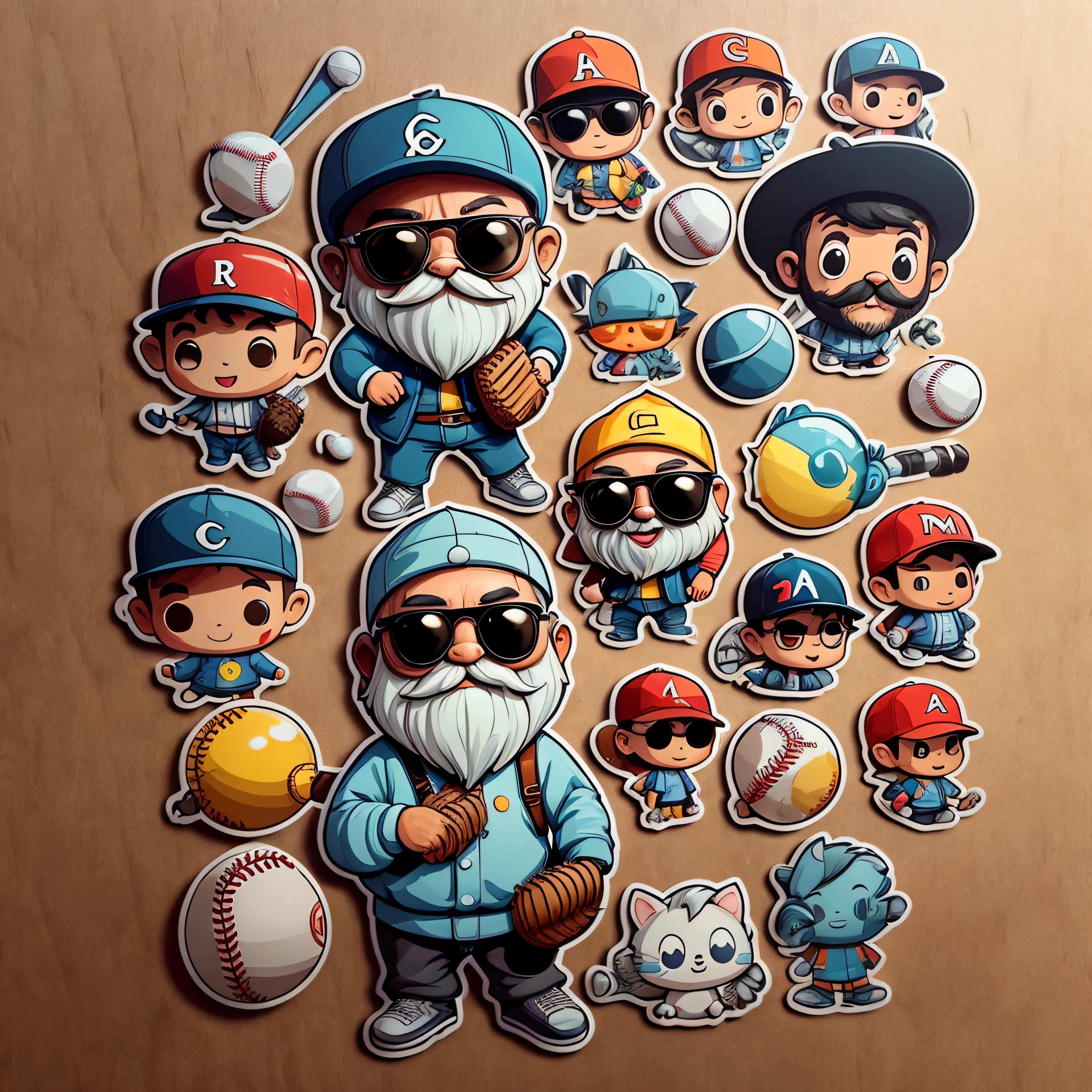pegatina, Feliz colorido, 60-year-old mini man with baseball cap glasses and short white beard, con Headohones, kawaii, contorno, Vector, fondo blanco