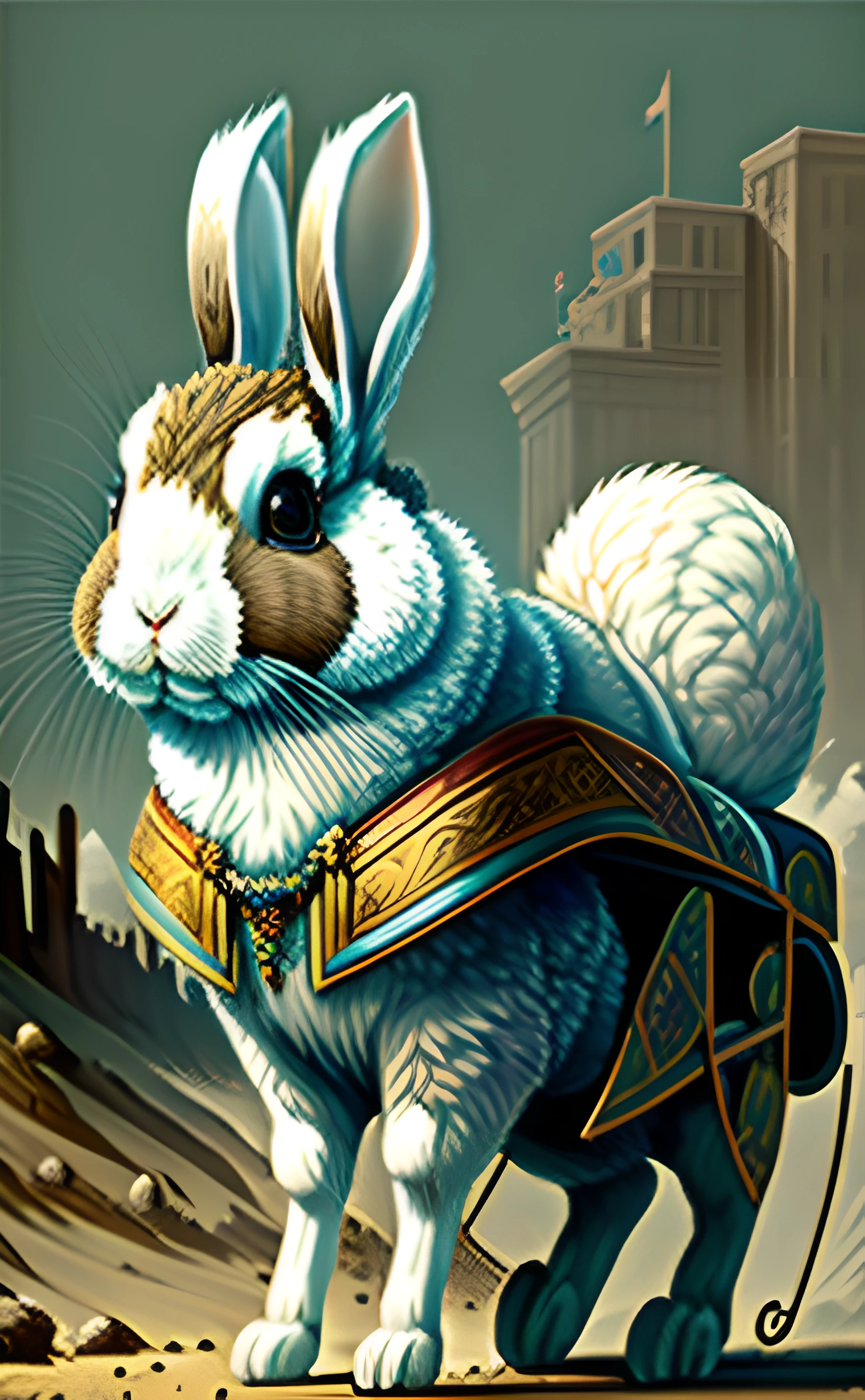 The Chariot
"A valiant rabbit, riding a chariot pulled by two fierce beasts. A desolate battlefield stretches out in the background."