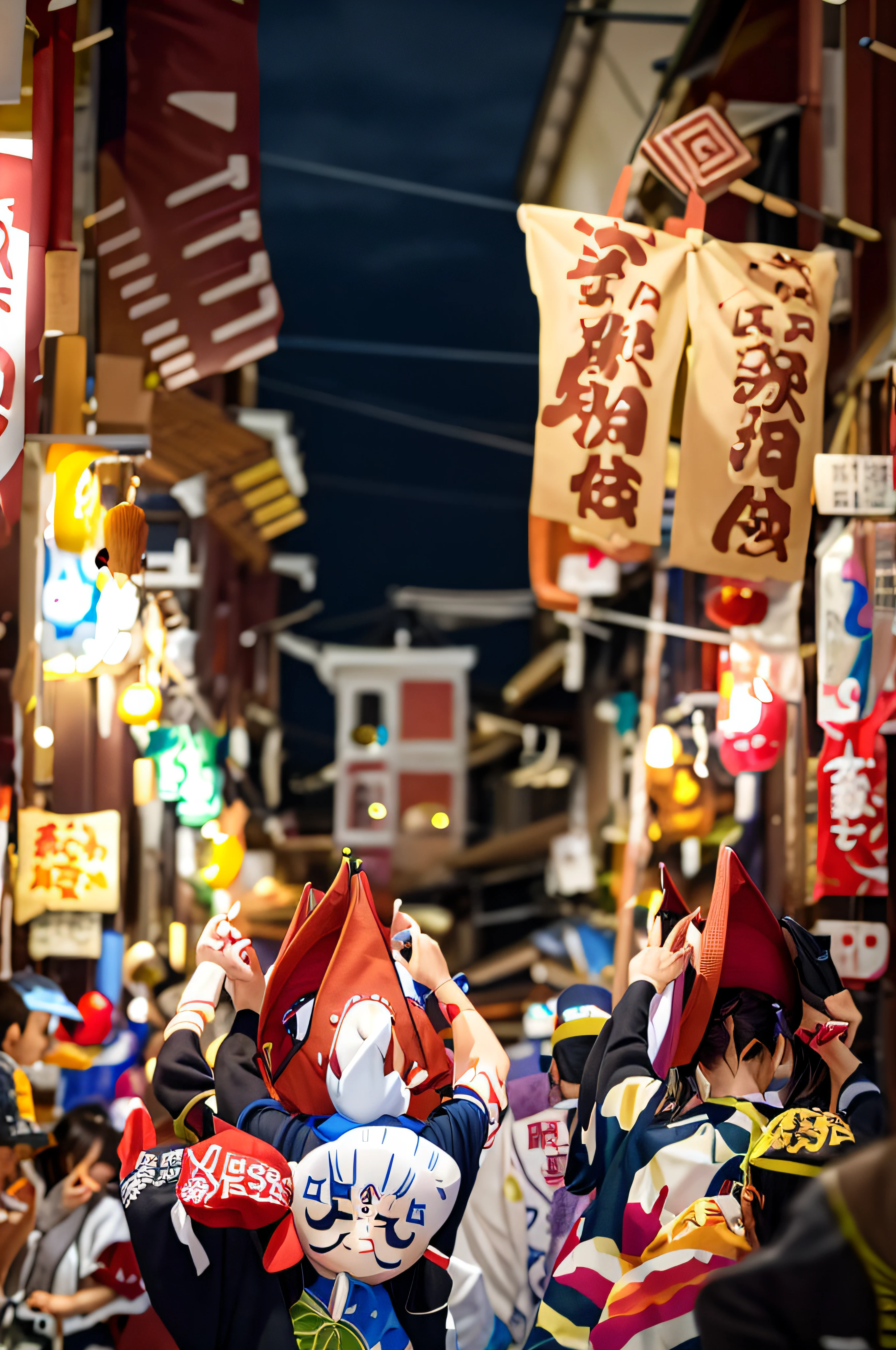 there are many people in the street with hats on, momoshiki ōtsutsuki, hasanabi, Summer Festival Night, market in japan, shikishi, Happy!!!, by Kamisaka Sekka, tokyo izakaya scene, asao urata, photo taken with nikon d 7 5 0, photo taken with nikon d750