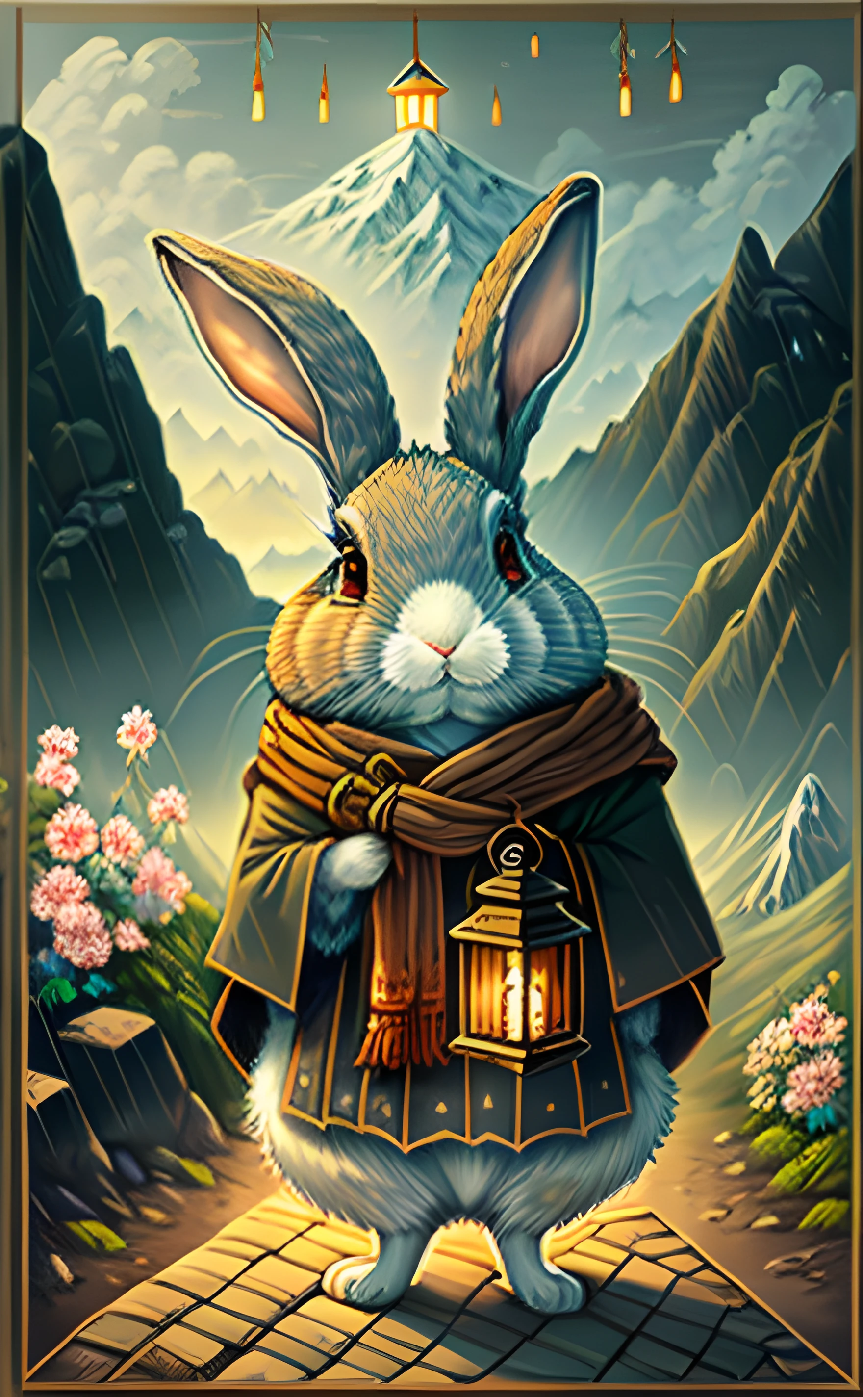 The Hermit (隠者)

"An old, wise rabbit with a lantern, standing alone amidst an ominous mountain range. His eyes hold secrets untold."