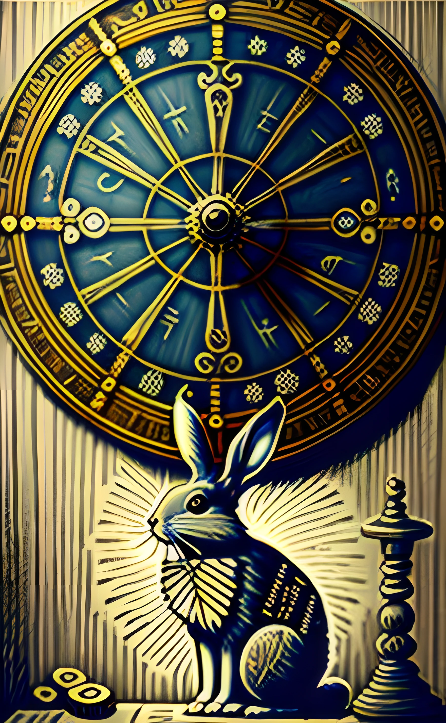 Wheel of Fortune "There is a rabbit in front of a spinning wheel engraved with various symbols of destiny, set in an eerie and mysterious place."