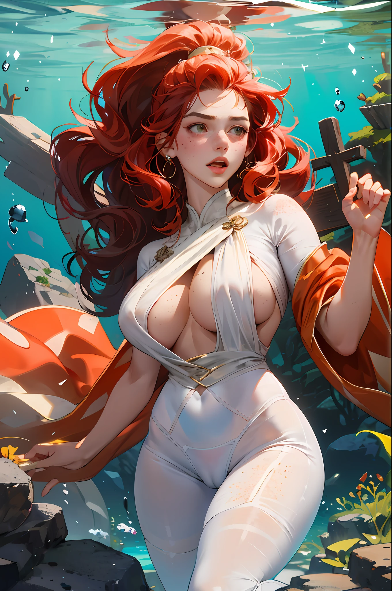 absurdres, highres, ultra detailed, 3 girls, extremely detailed eyes, multicolored hair, curly hair, coral eyes, , Diving_underwater_to_view_cenote, heavy breathing (panting), (clear clothing, transparent cloth, see-through material), ((cameltoe)), (red hair, freckles, huge breasts, nearly naked, underboob), blend of Natalie dormer and Gal Gadot, silk robes, detailed castle background,