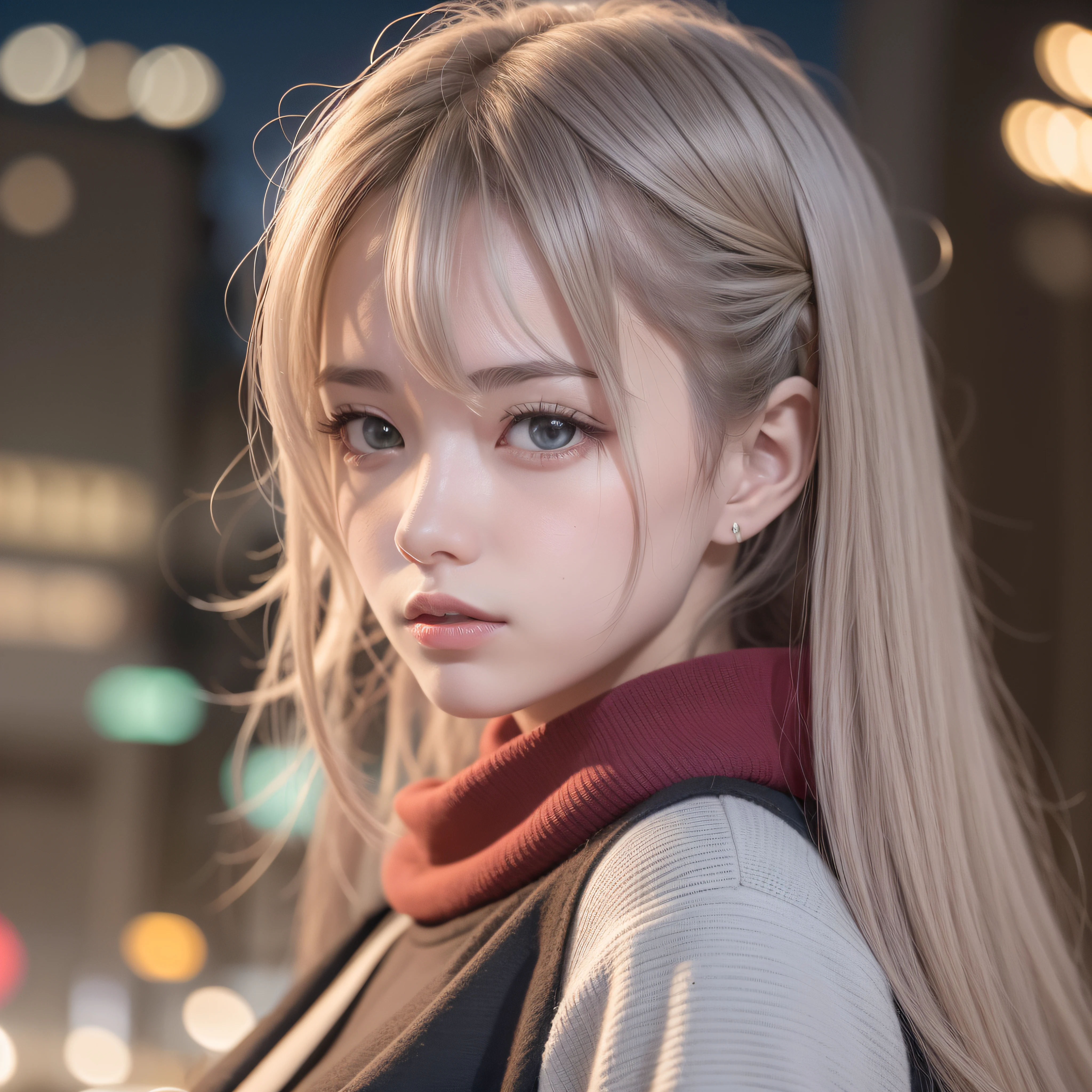 menina de 19 anos com cabelo branco longo cobrindo um dos olhos,com grandes olhos com iris vermelhas bem juntos horizontalmente ao nariz ,rosto com rosto no formato redondo, com bochechas rosadas, com jaqueta preta,de batom roxo,segurando uma esfera de energia azul ,com, in 100k resolution, In a blurred background of a city at night full of buildings illuminated with blue and red lights